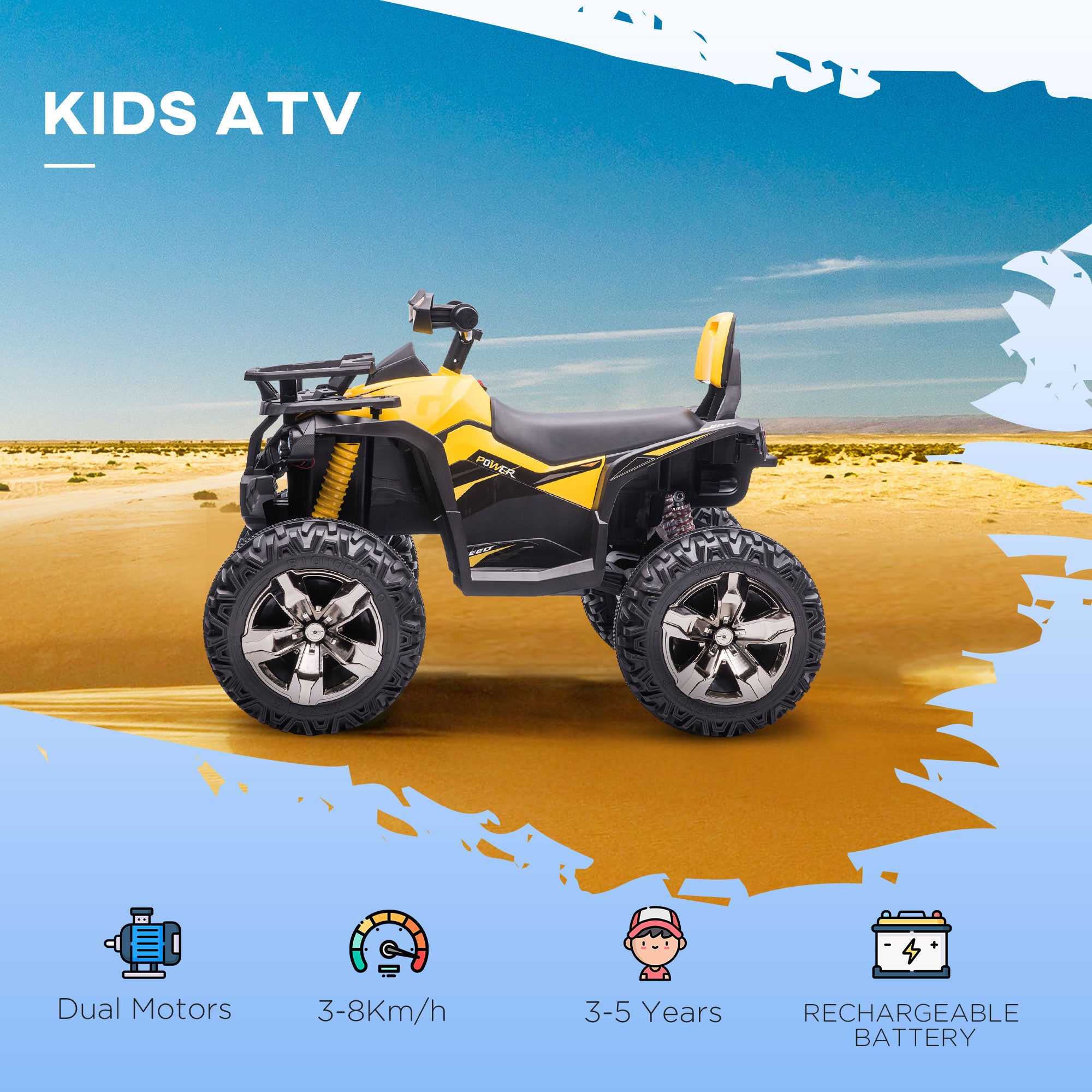 12V Quad Bike ATV with LED Lights, Music, Backrest, Forward, Backward, Yellow