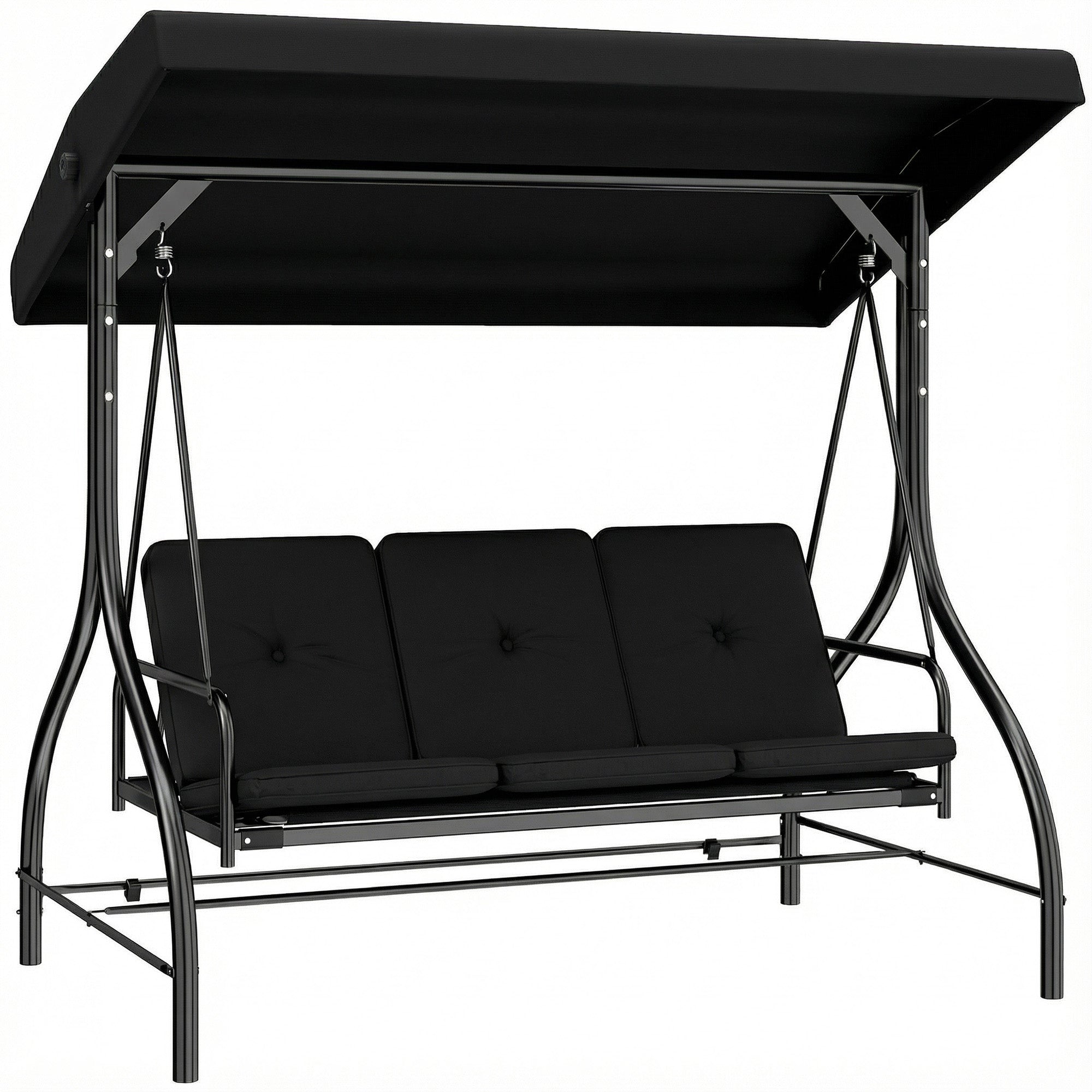 3 Seater Canopy Swing Chair, 2 in 1 Garden Swing Seat Bed, with Adjustable Canopy and Metal Frame, Black