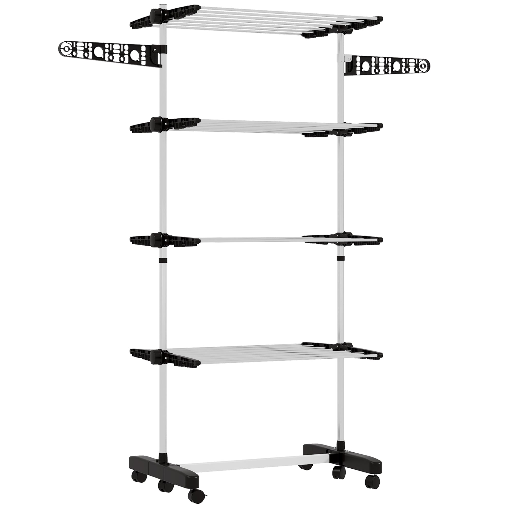 Four-Shelf Collapsible Clothes Horse with Side Arms and Wheels - Black