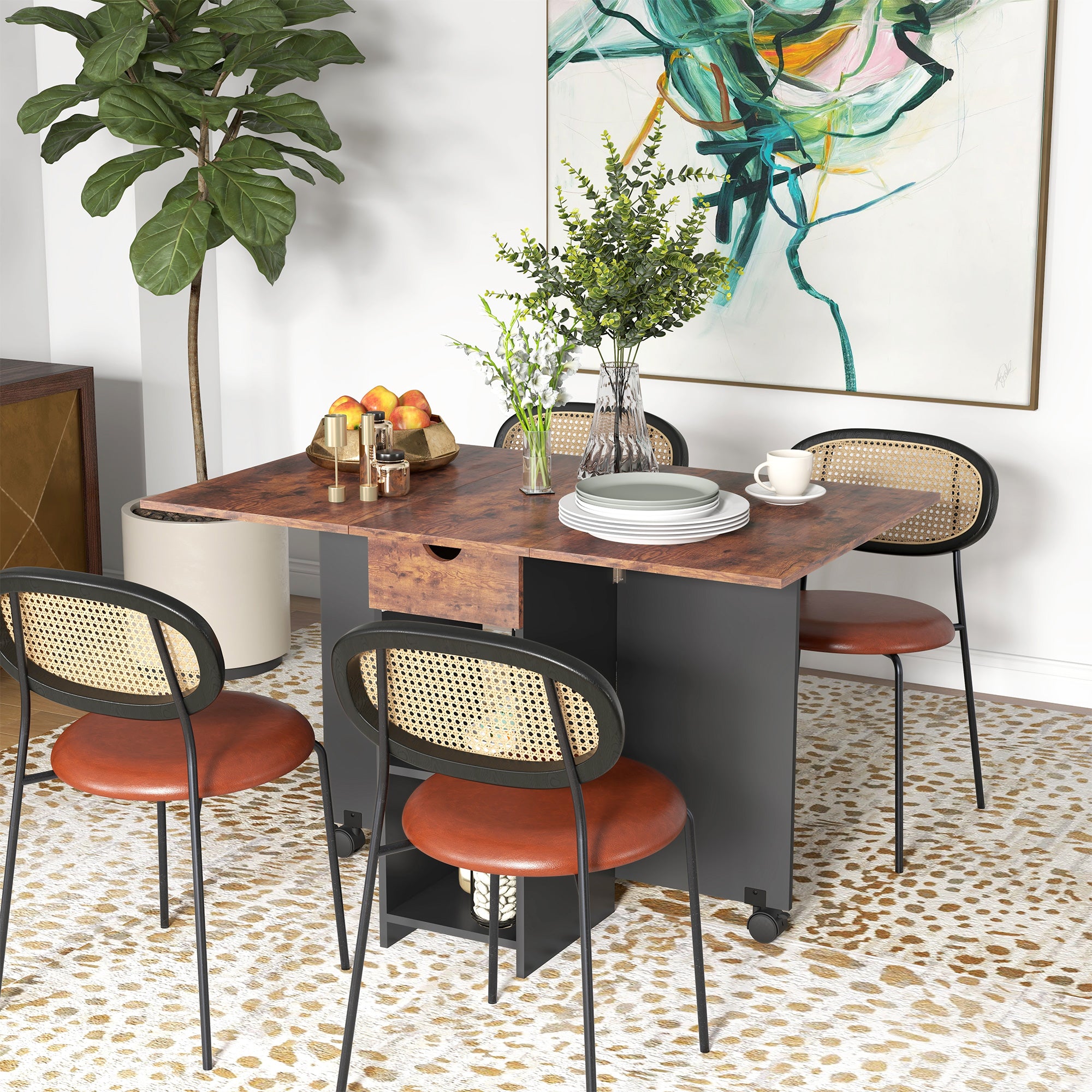 Folding Drop Leaf Dining Table with Drawer and Storage Shelves for Small Spaces - Rustic Brown