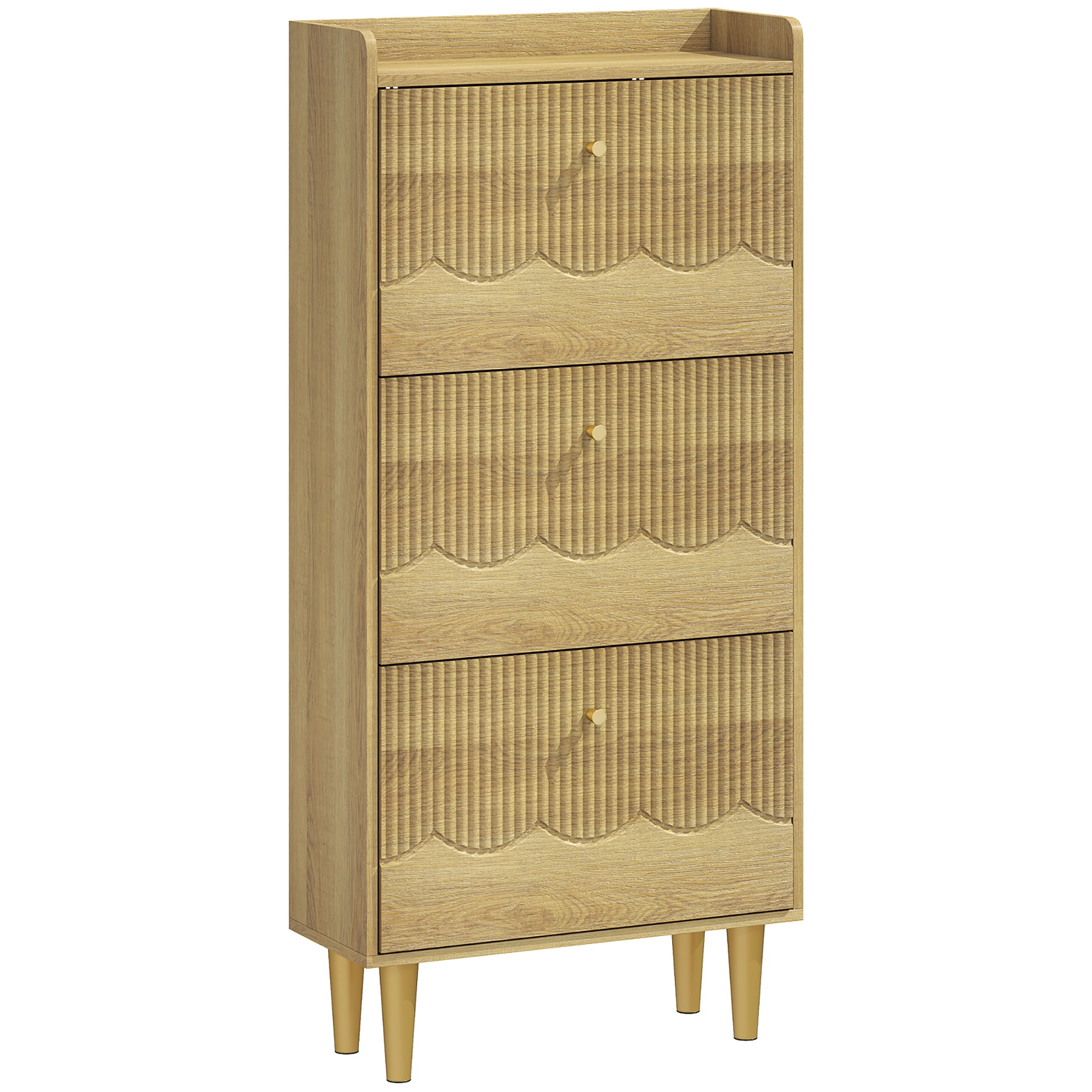 Narrow Shoe Cabinet, Modern Shoe Storage Cabinet with 3 Flip Drawers, Oak