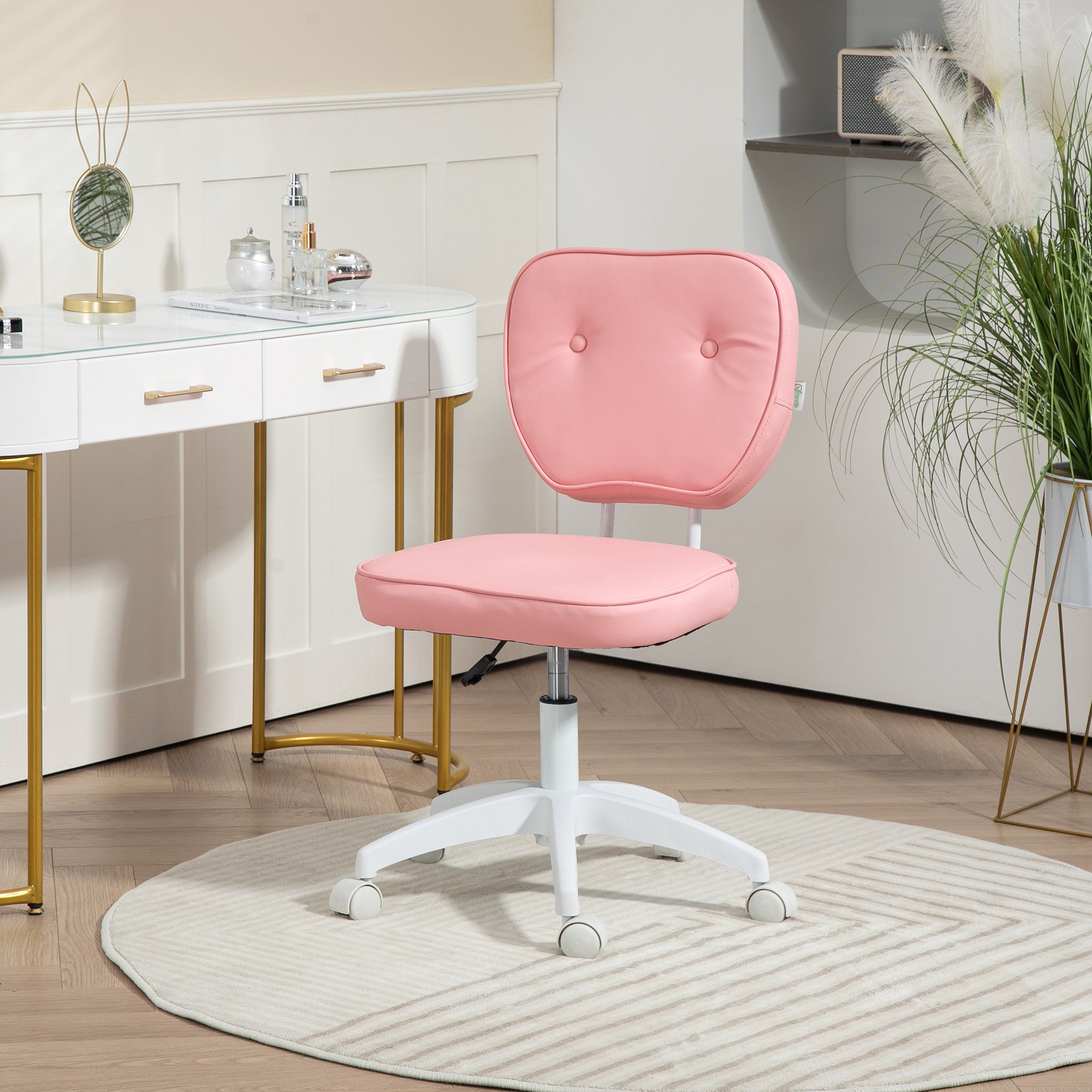 Vanity Office Chair, PU Leather Computer Chair for Home, with Adjustable Height, Armless, Swivel Wheels, Pink