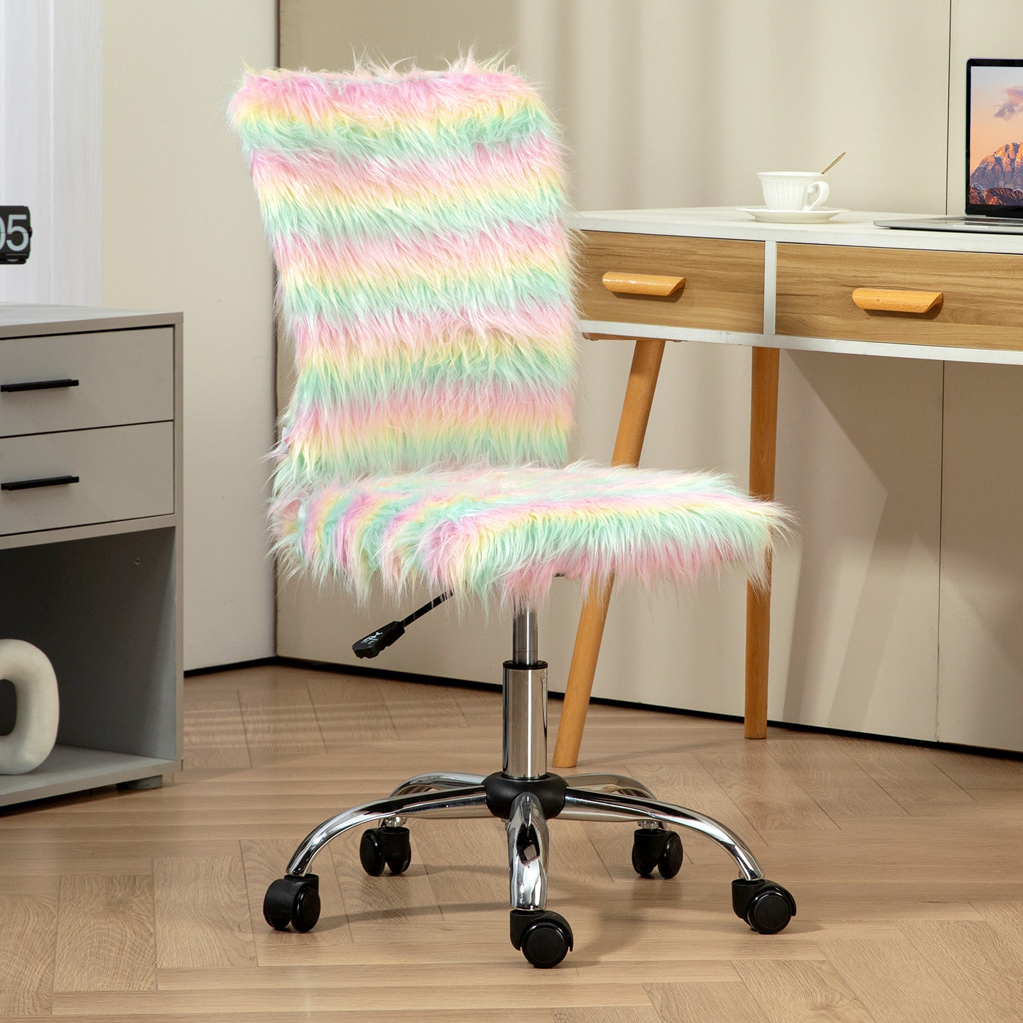 Armless Computer Desk Chair, Fluffy Fabric Swivel Office Chair, Makeup Vanity Chair with Height Adjustable, Wheels, for Home Study Bedroom, Multicolour