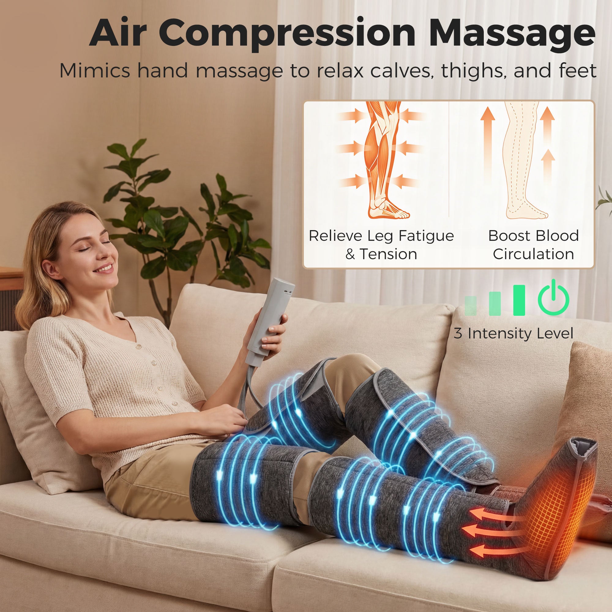 Leg Massager with Heat, Compression, 3 Auto Modes & 3 Intensities, Foot and Calf Massage Machine