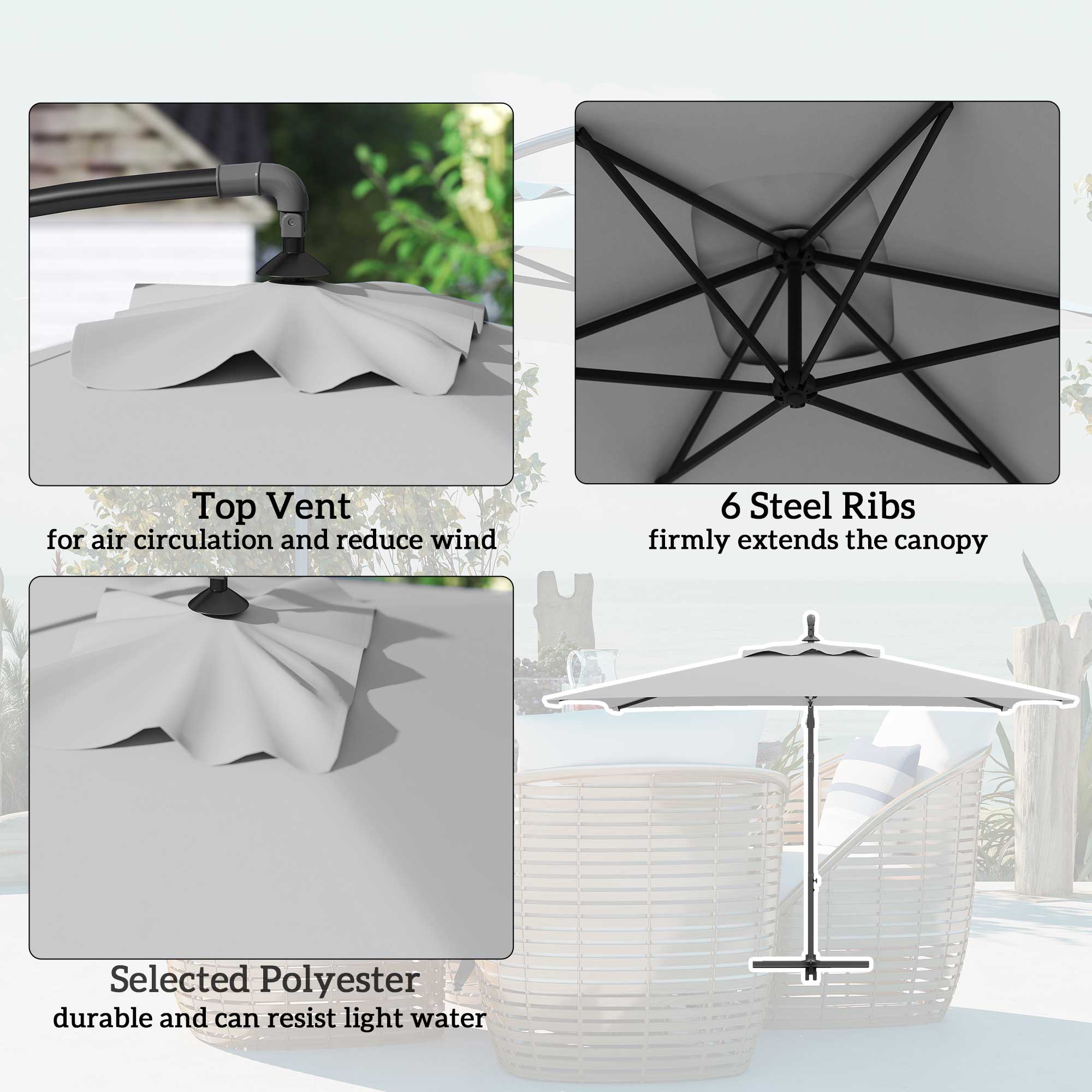 3 Metre Cantilever Parasol with Cross Base - Light Grey