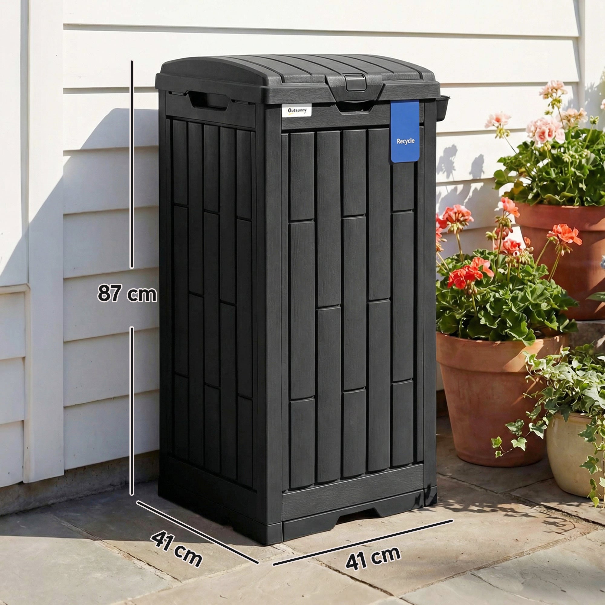 110 L Outdoor Bin with Dual Lid, Waterproof Plastic Trash Bin with Ashtray and Drip Tray, Garden Waste Trash Bin, Black