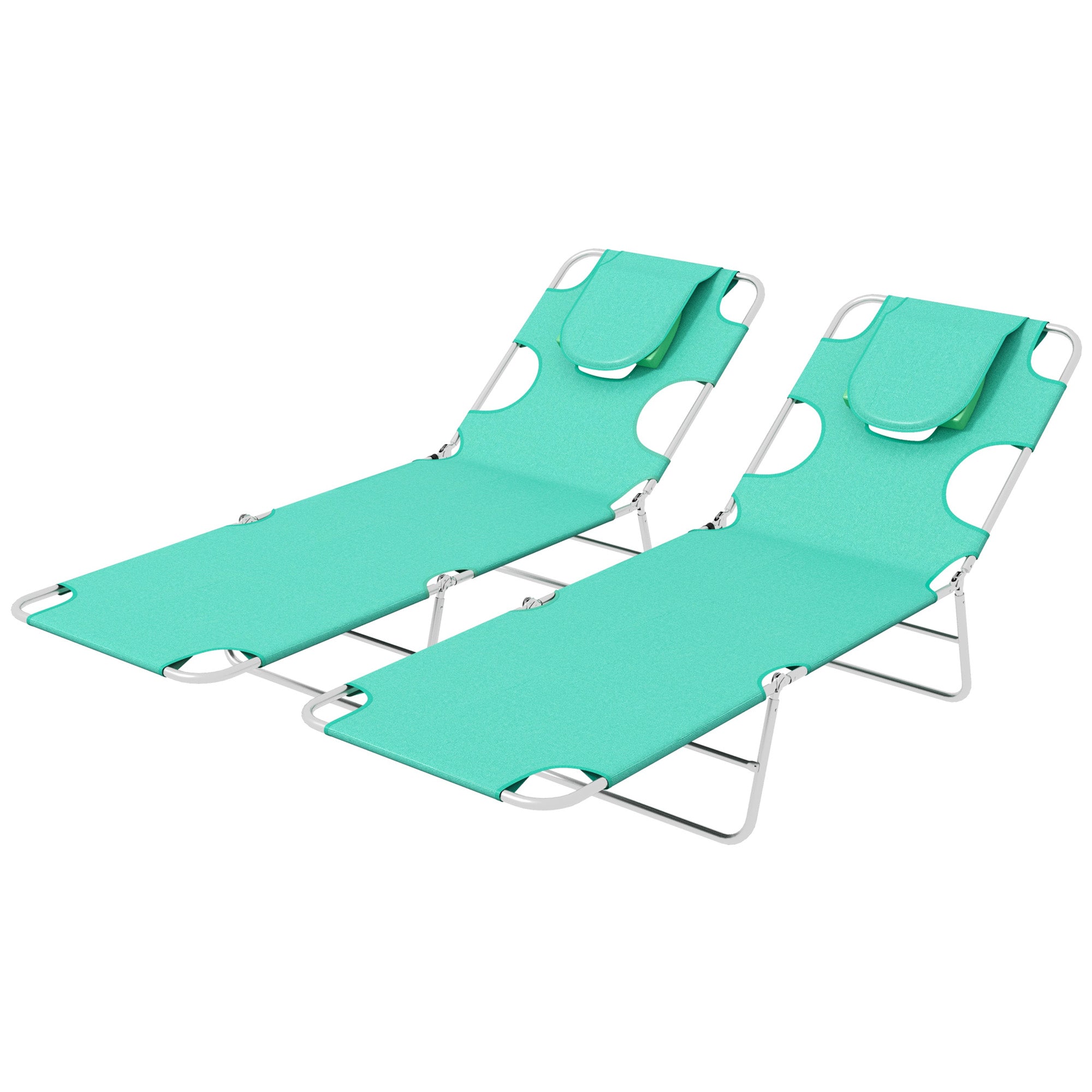 Foldable Sun Lounger Set of 2 with Reading Hole, Portable Sun Lounger with 5 Level Adjustable Backrest, Reclining Lounge Chair with Side Pocket, Headrest Pillow, Green