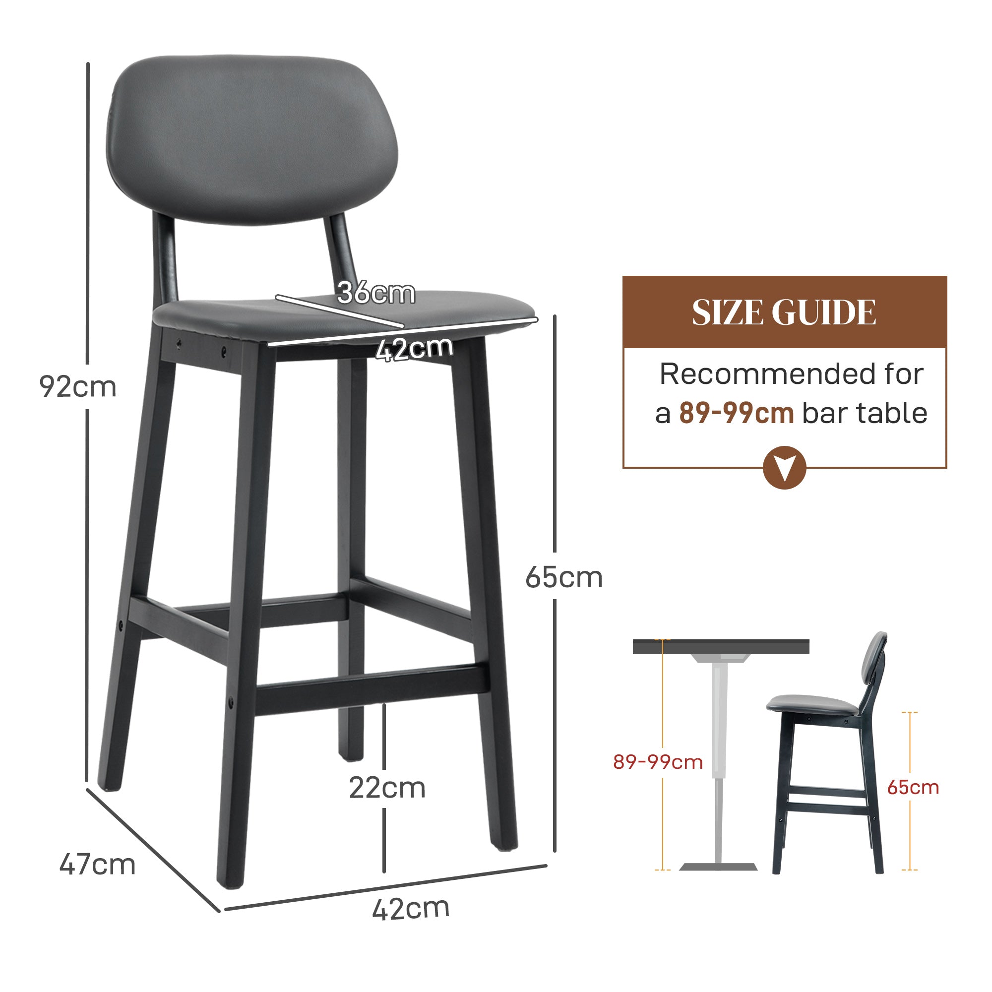 Bar Stools Set of 2, Contemporary Breakfast Bar Chairs, Faux Leather Upholstered Kitchen Stools with Backs and Solid Wood Legs, Dark Grey