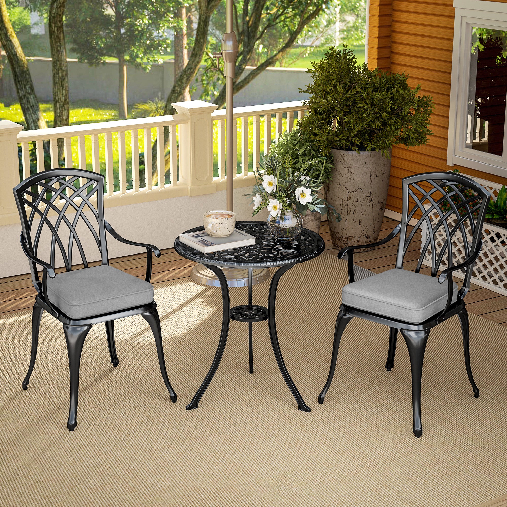 Three-Piece Cast Aluminium Bistro Set with Cushions and Parasol Hole - Black