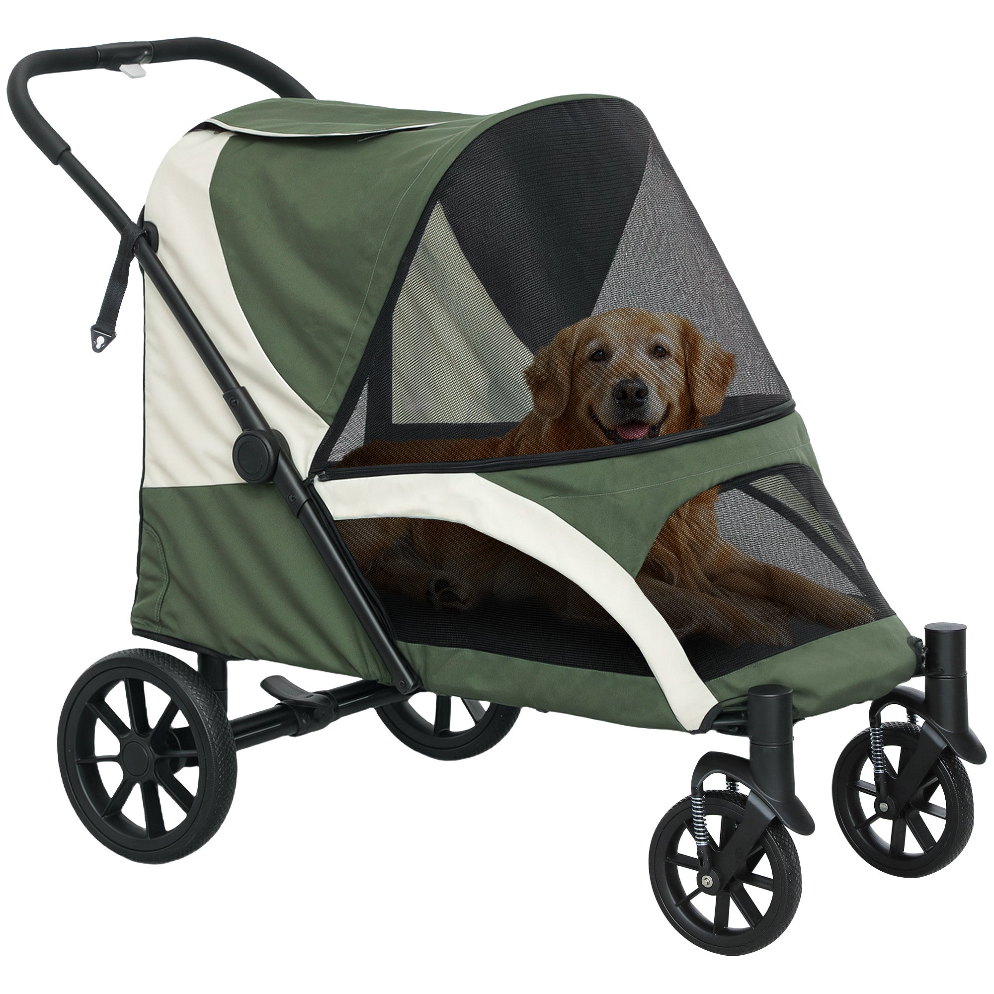 Easy Folding Pet Stroller for Large Dogs with 4 Big Wheels, Shock Absorb Frame, Safety Leashes, Brakes, Dark Green