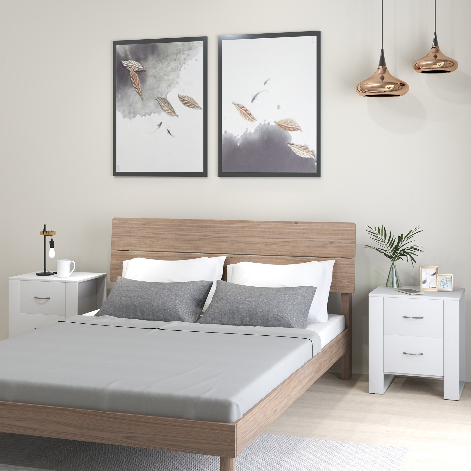 Bedside Table Set of 2 with 2 Drawers, Nightstands with Handles and Elevated Base, Side Tables for Bedroom, Living Room, White