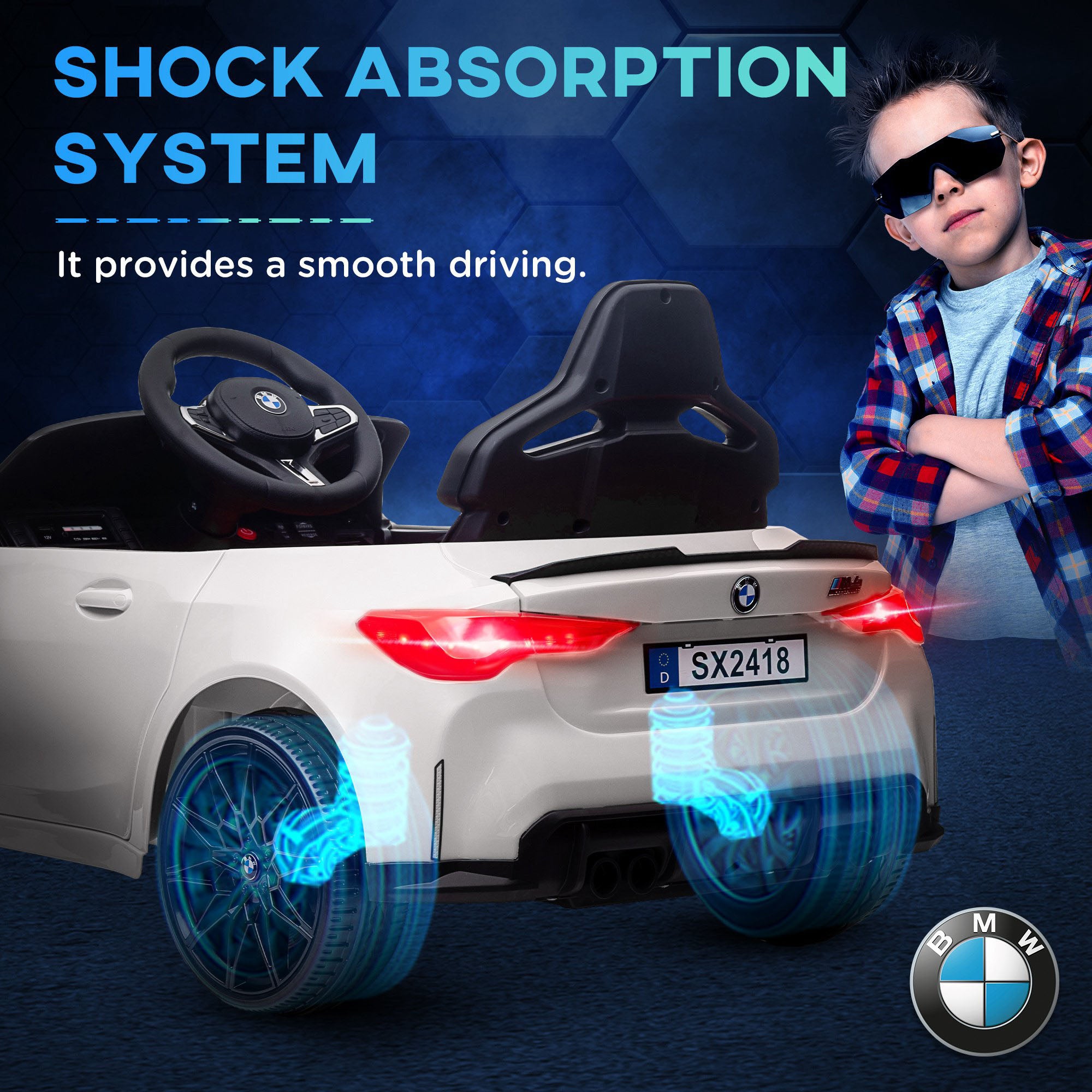 12V BMW Licensed Kids Car, with Easy Transport, Remote Control, Suspension, Music, Horn, LED Lights, White