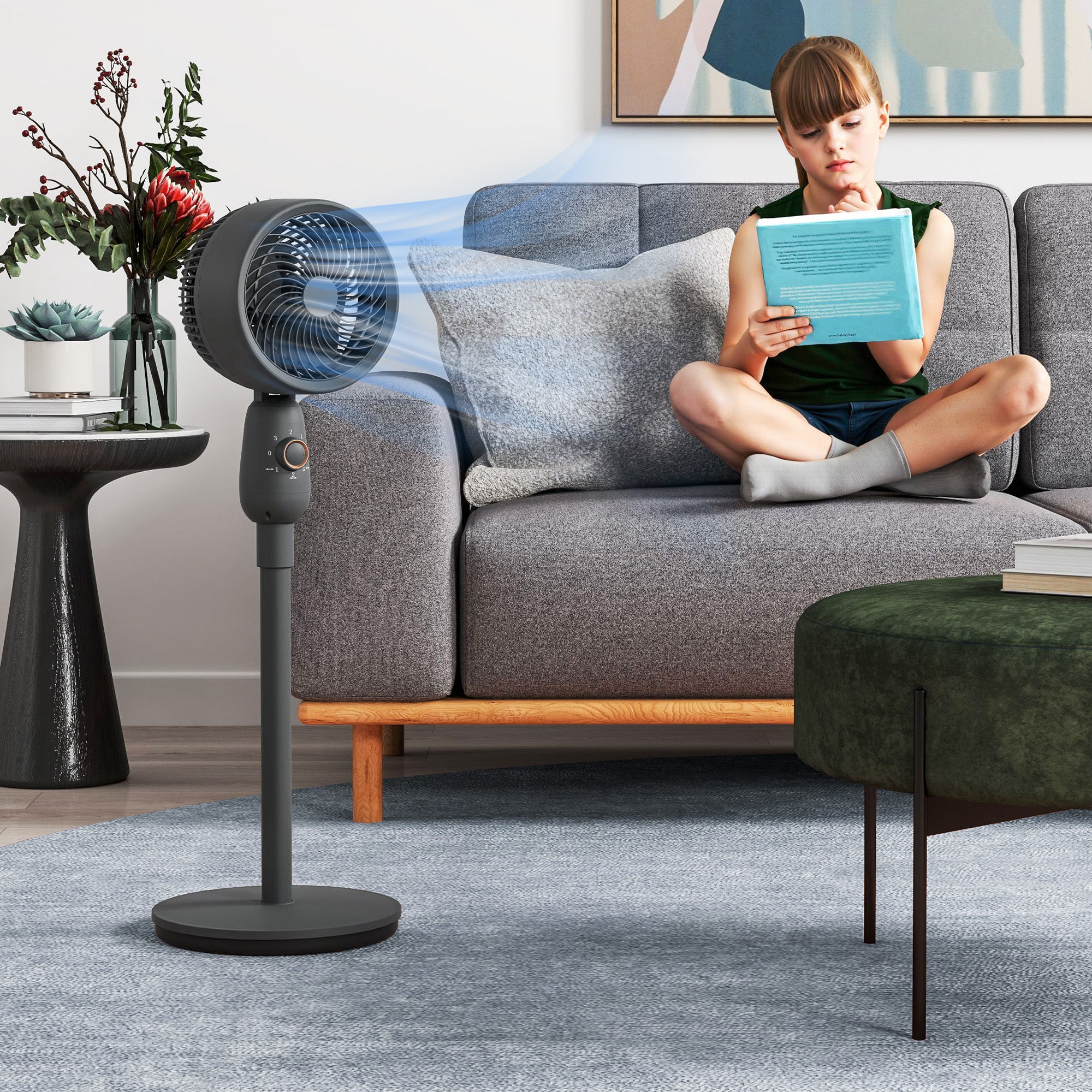 Pedestal Fan, Powerful Air Circulator, 12 Inch Floor Standing Fan with 3 Speed Settings, Oscillating Function for Bedroom, Home and Office, Grey