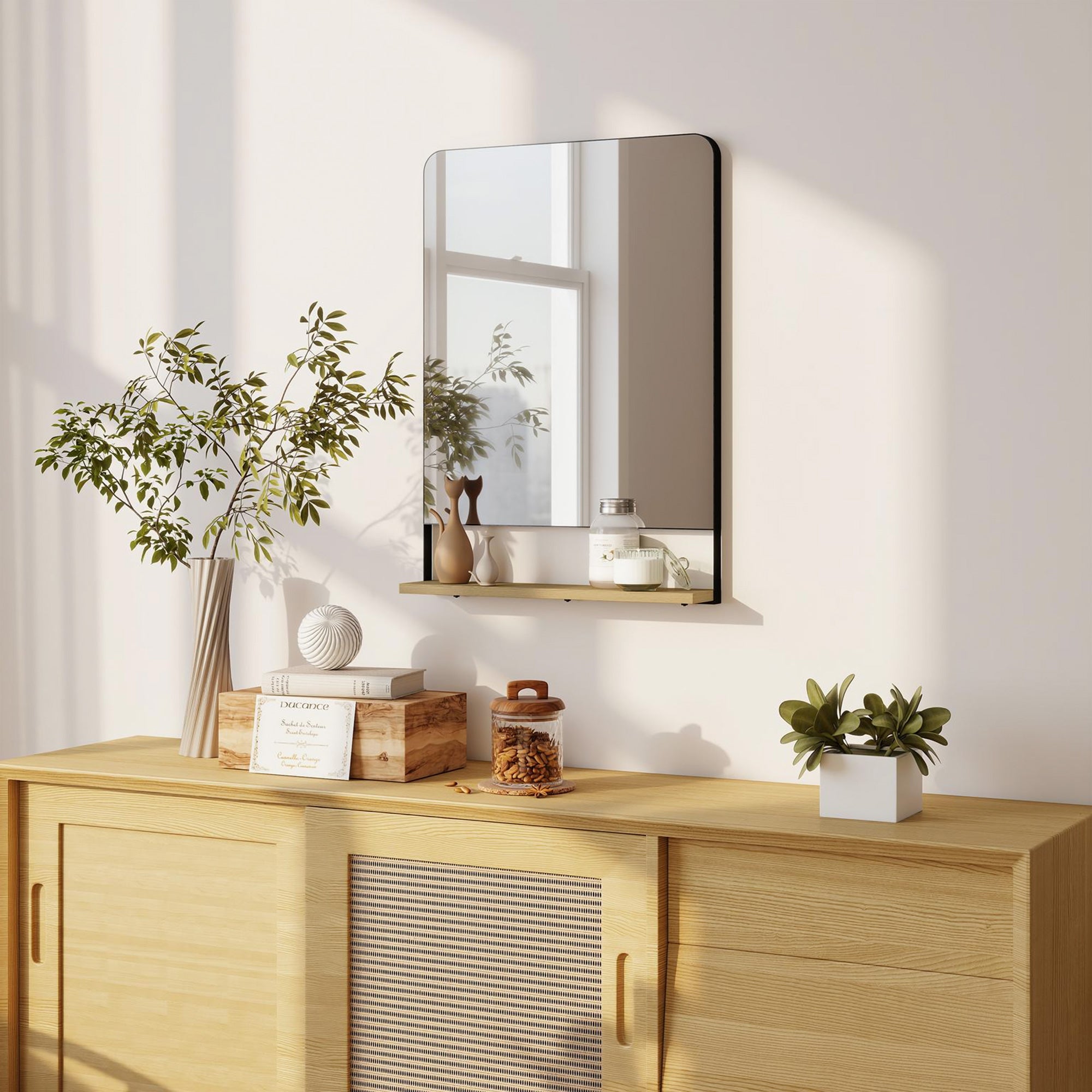 Wall Mirror with Wood Shelf - Black