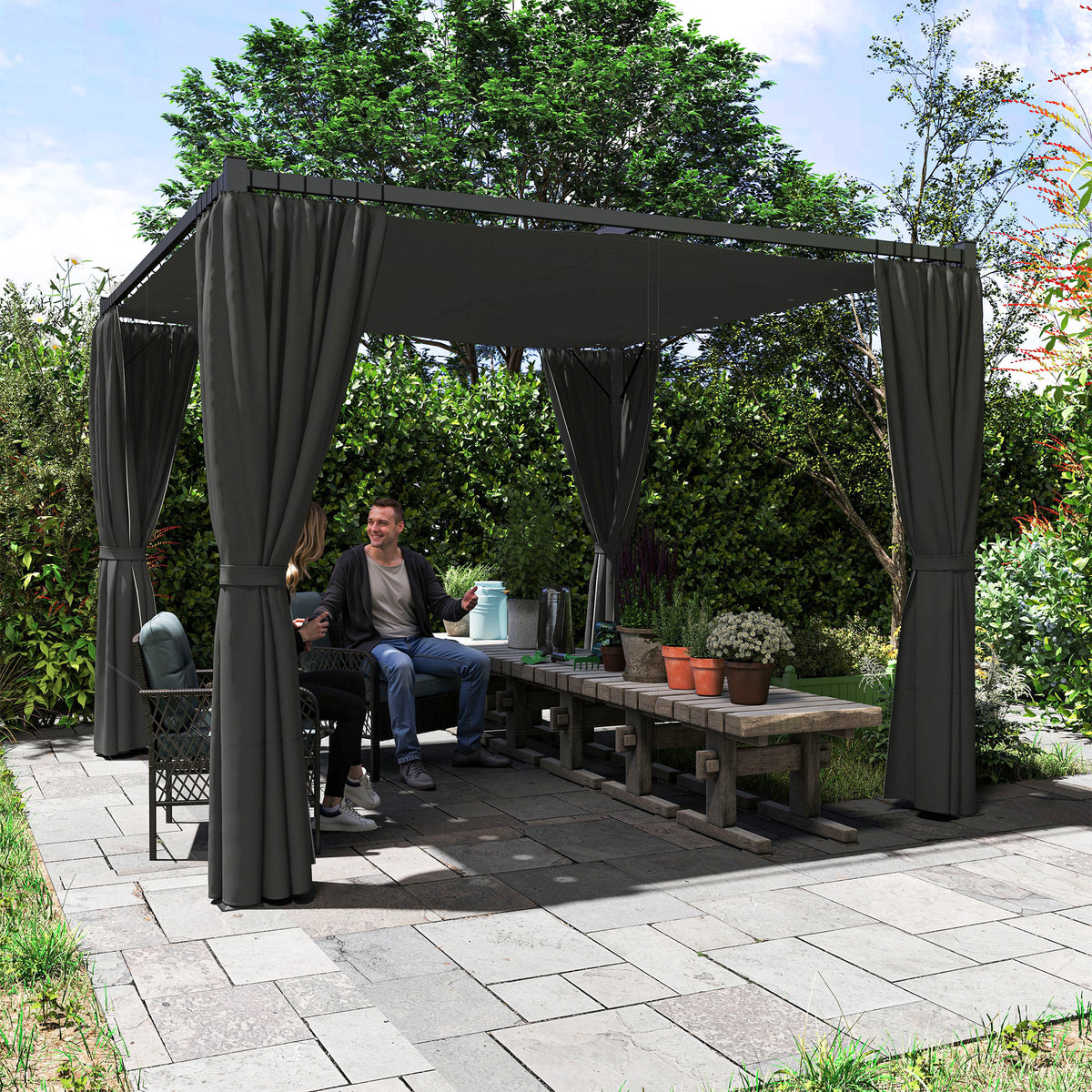 3 x 3m Retractable Pergola with Curtains for Garden, Patio, Deck - Charcoal Grey