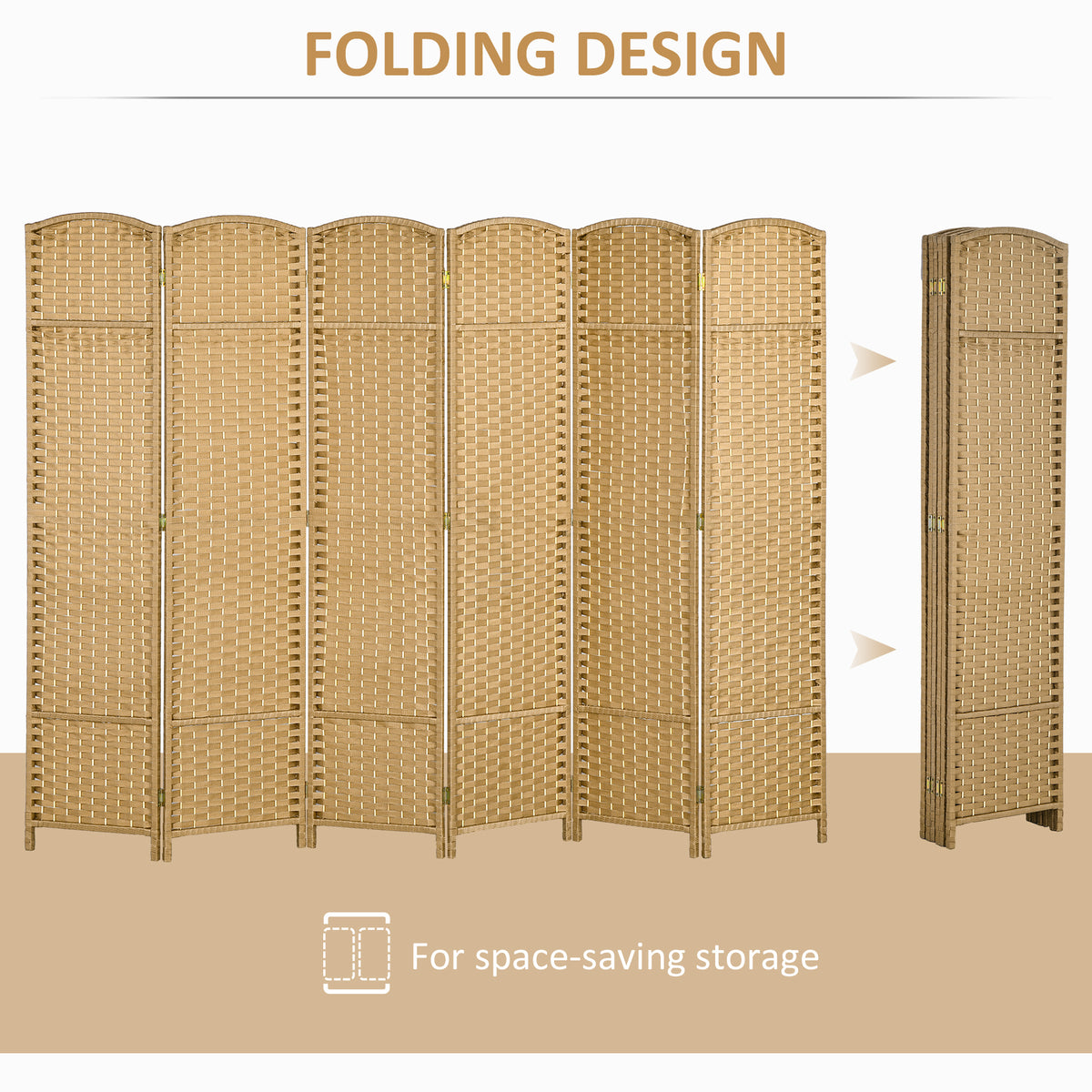 6 Panel Folding Room Divider 240x170cm Privacy Screen for Living Room Bedroom Office - Natural
