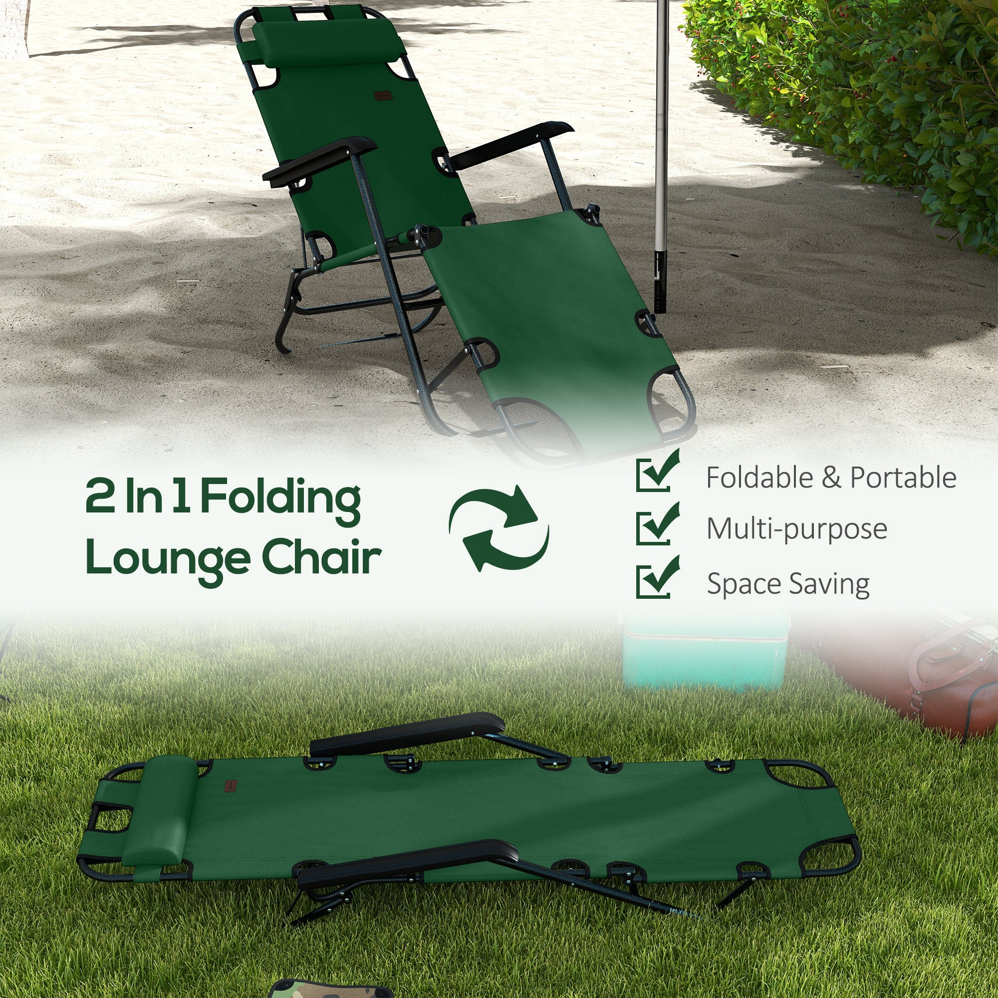 2 Pack 2 in 1 Sun Lounger Folding Reclining Chairs Garden Outdoor Camping Adjustable Back with Pillow, Green