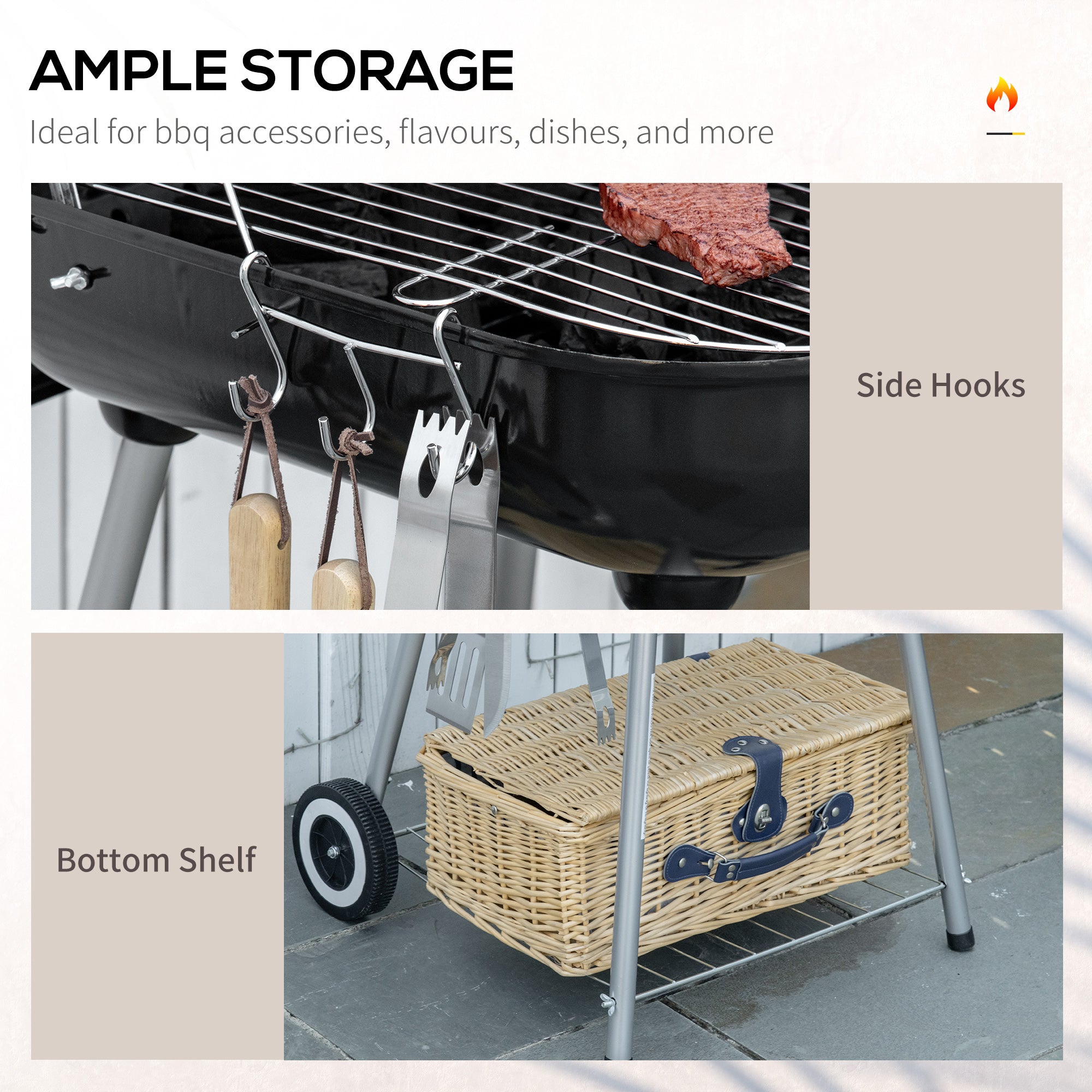 Portable Charcoal BBQ Grill with 2 Wheels and Porcelain Enamel Lid