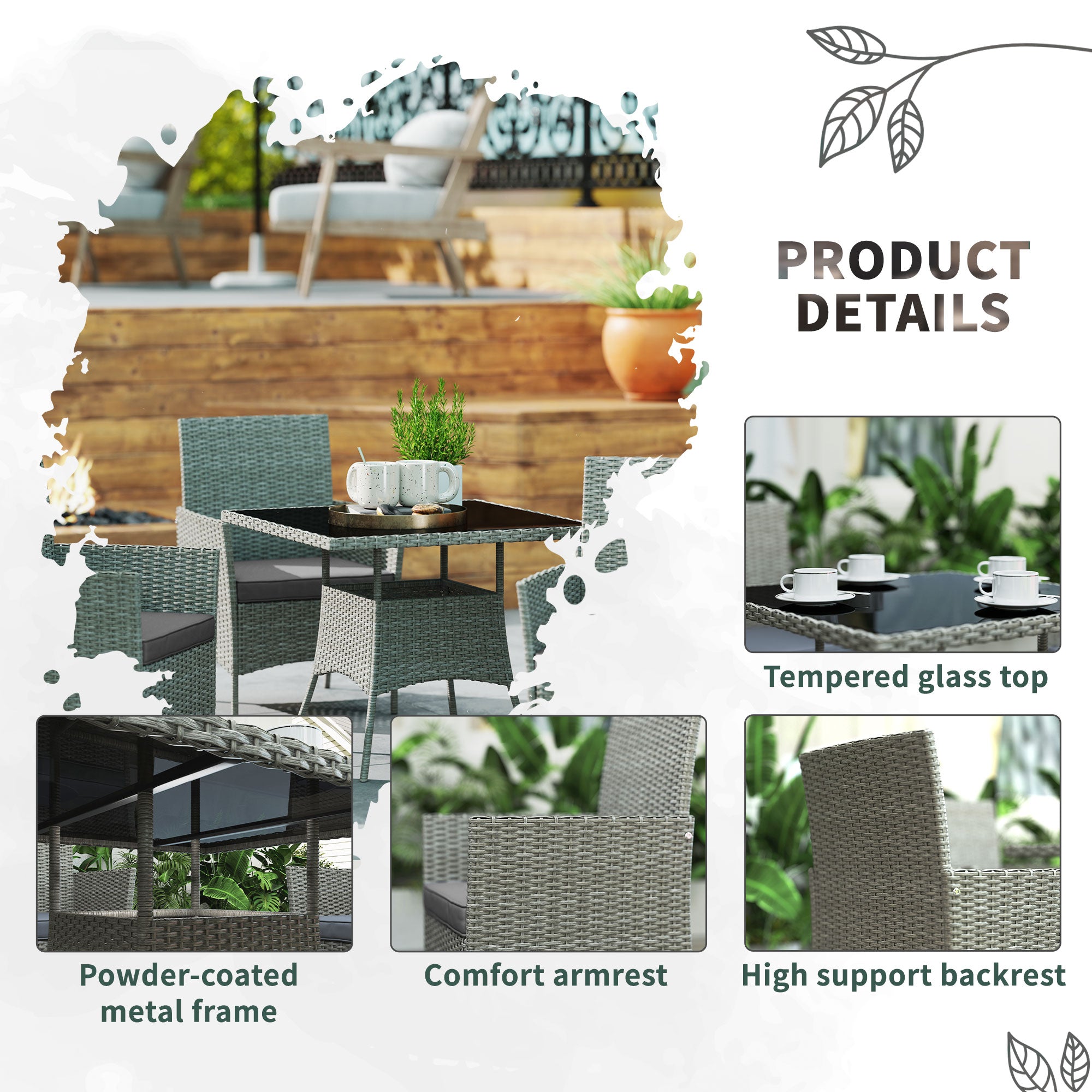 Five-Pieces Rattan Outdoor Dining Set with Cushions - Light Grey