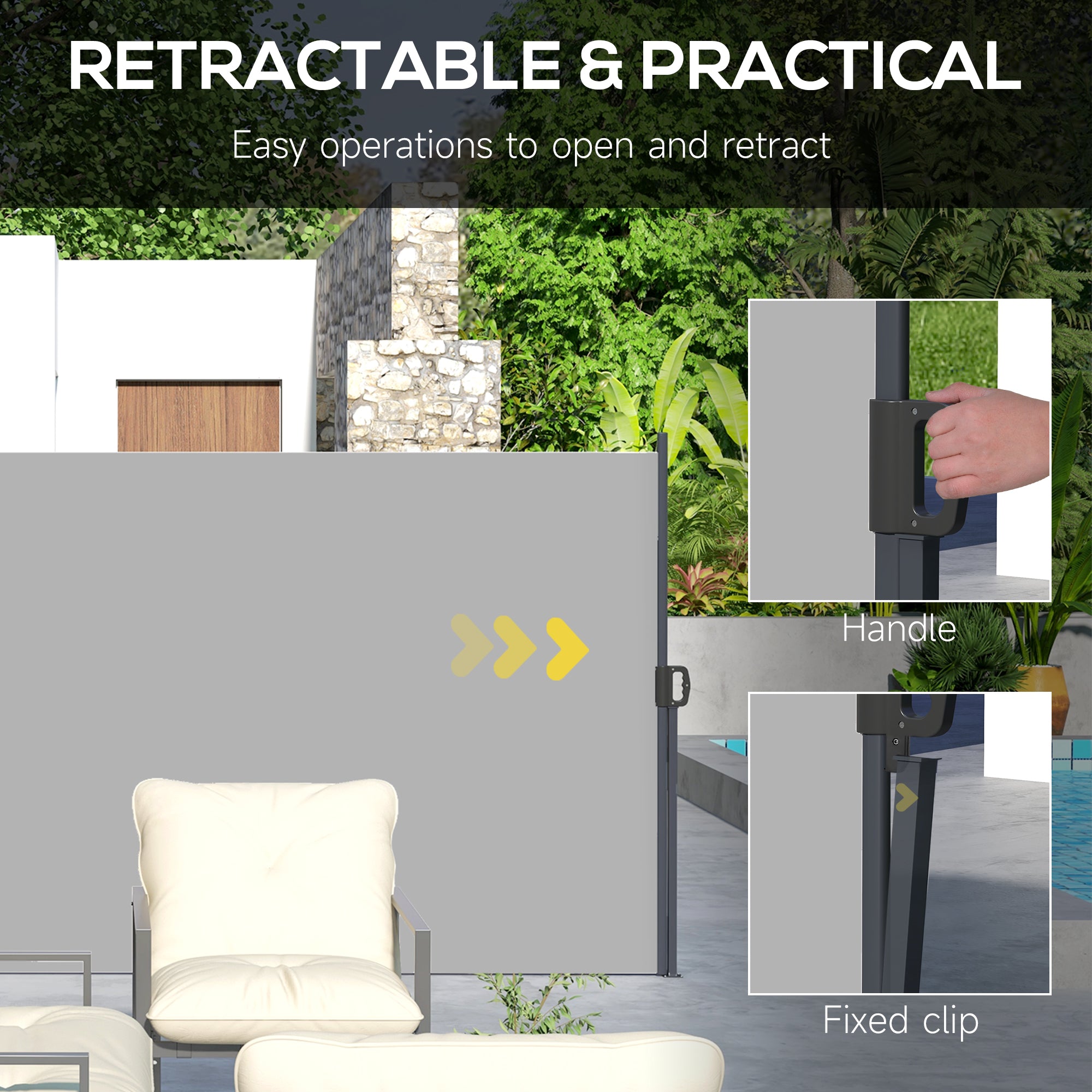 Retractable Side Awning, Outdoor Privacy Screen for Garden, Hot Tub, Balcony, Terrace, Pool, 400 x 180cm, Light Grey