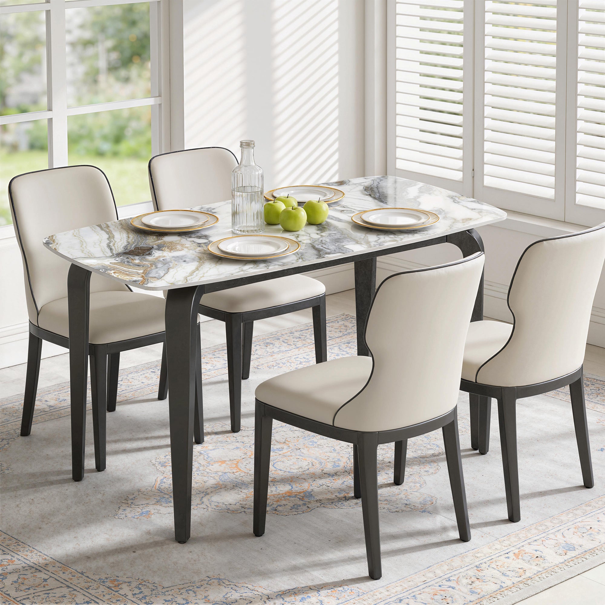 Dining Table for 4, Modern Kitchen Table with Sintered Stone Tabletop, Metal Legs, White