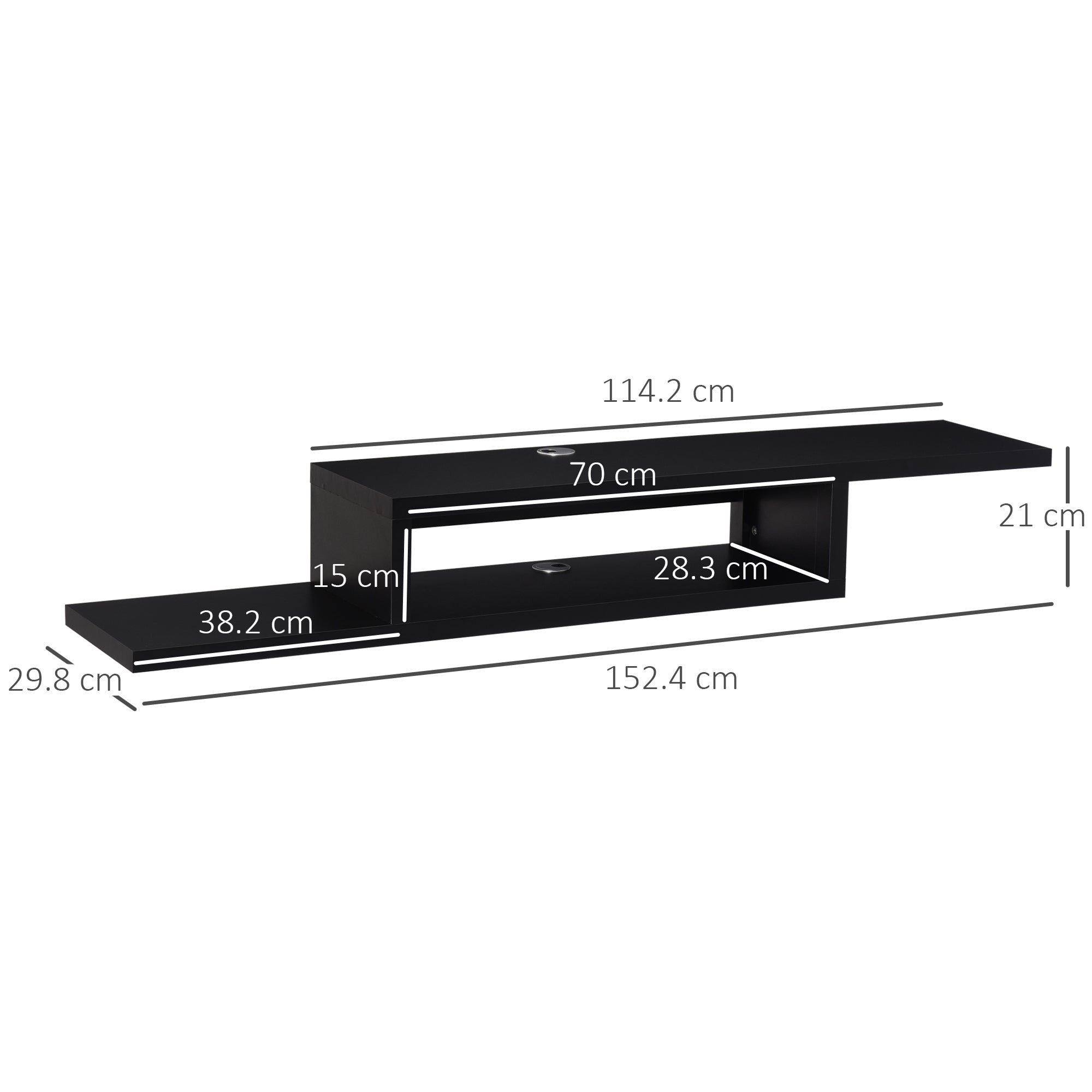 Floating Wall Mounted TV Unit with Open Shelf & Cable Holes - Black