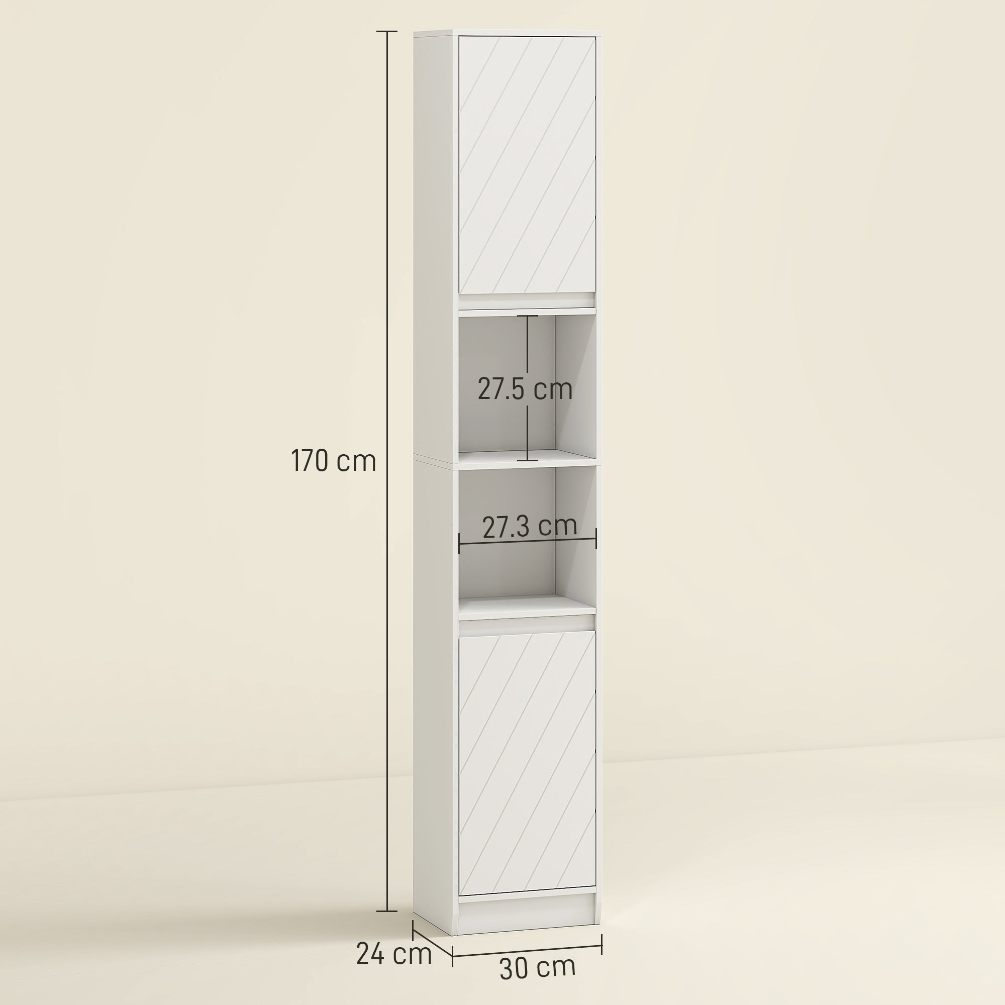 Narrow Bathroom Cabinet, Slim Bathroom Storage Unit with Open Compartment, Freestanding Storage Cupboard with Adjustable Shelves for Small Spaces, 30 x 24 x 170 cm, White