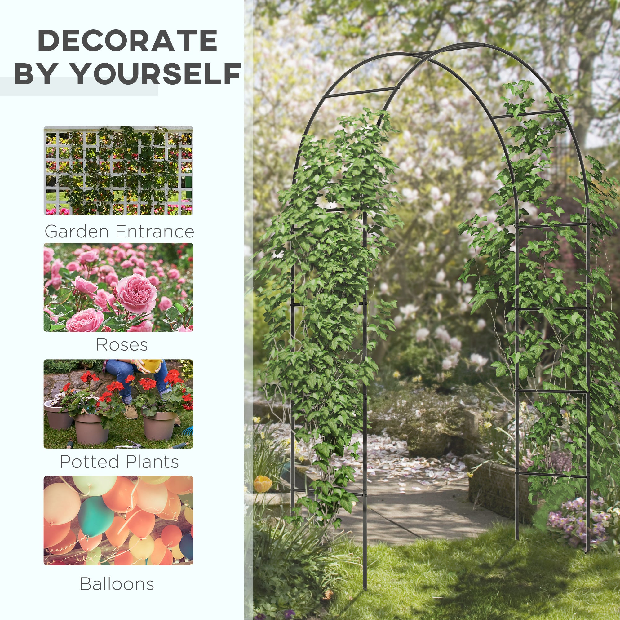 Outdoor Garden Arch, Metal Garden Arbor for Climbing Plants, Roses, Vines, Wedding Arch for Outdoor, 140L x 40W x 240H cm, Black