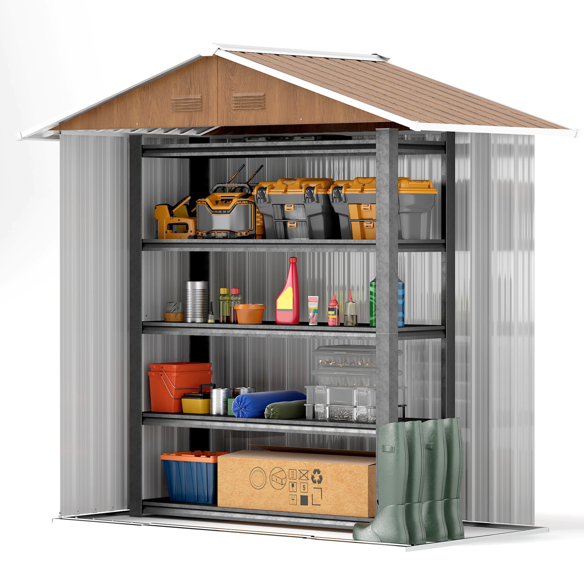 6.5 x 3.5ft Metal Garden Storage Shed with Double Sliding Doors - Brown Wood Effect