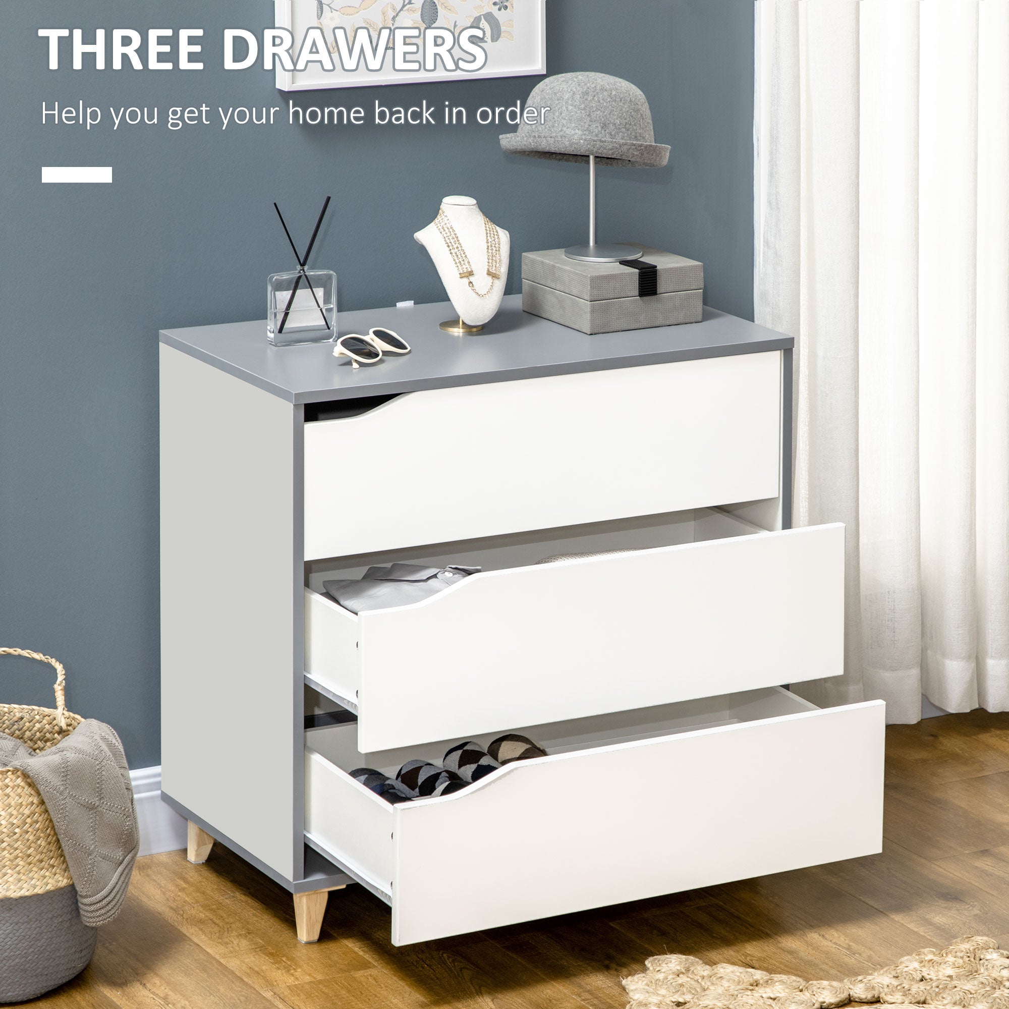 Bedroom Furniture Set, Wardrobe with Hanging Rail, 3 Drawer Chest of Drawers with Cut-out Handles, Grey and White