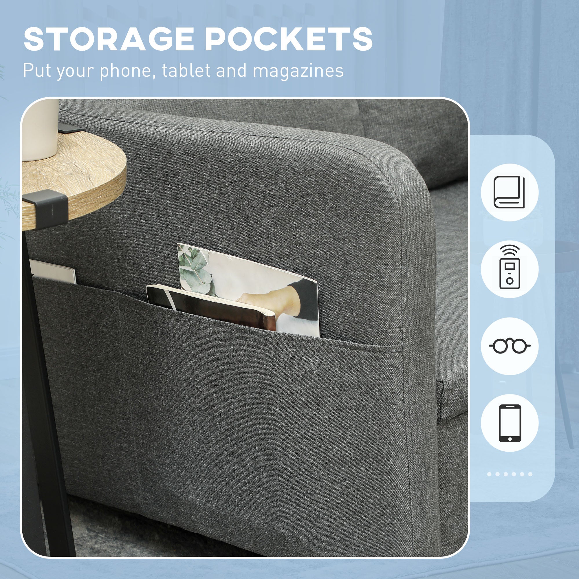 Two-Seater Pull-Out Sofa Bed with Pillows and Storage Pockets - Grey