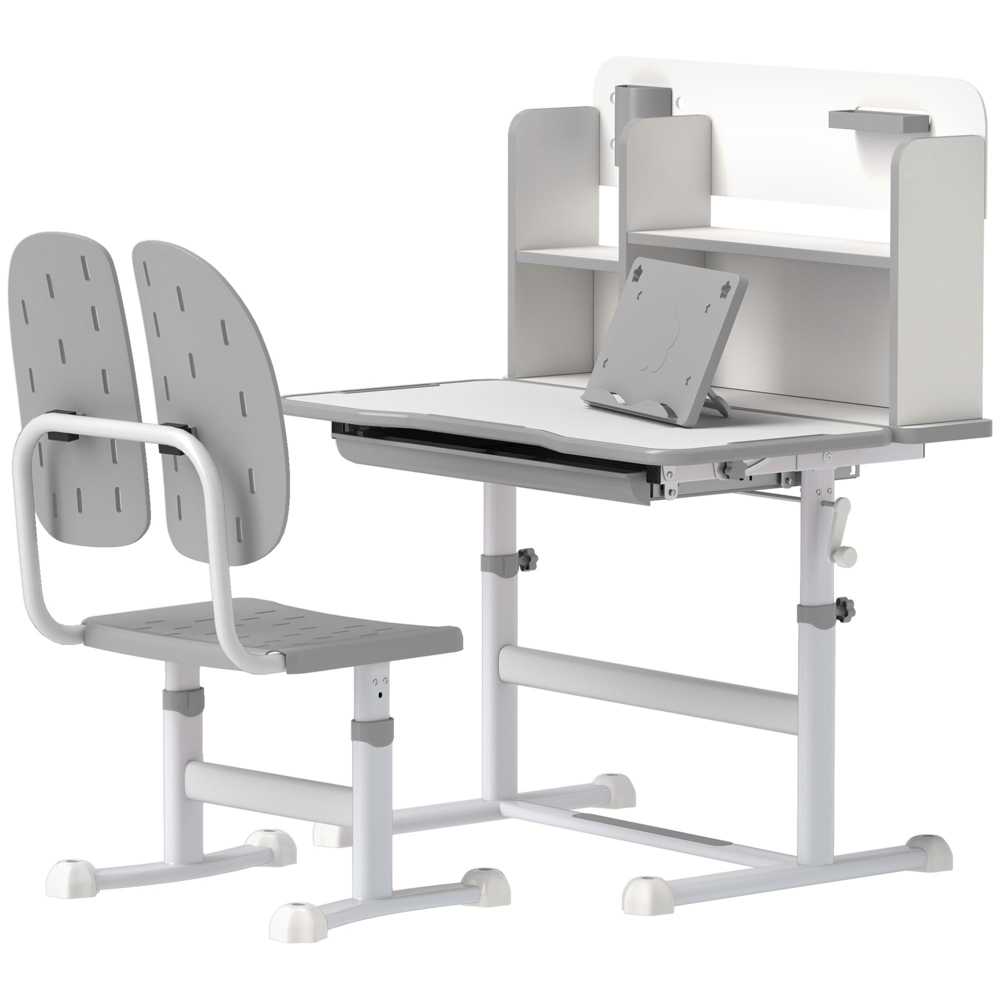 Height Adjustable Kids Desk and Chair Set, Children School Study Desk with Tiltable Desktop, Reading Rack, Grey