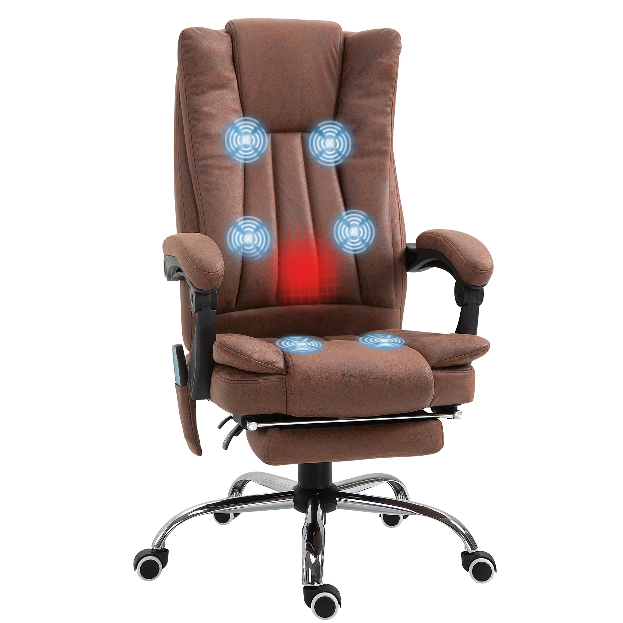 Office Chair with Massage and Heat, Microfibre Reclining Computer Desk Chair with Footrest and Adjustable Height, Swivel Wheels for Home Office, Brown