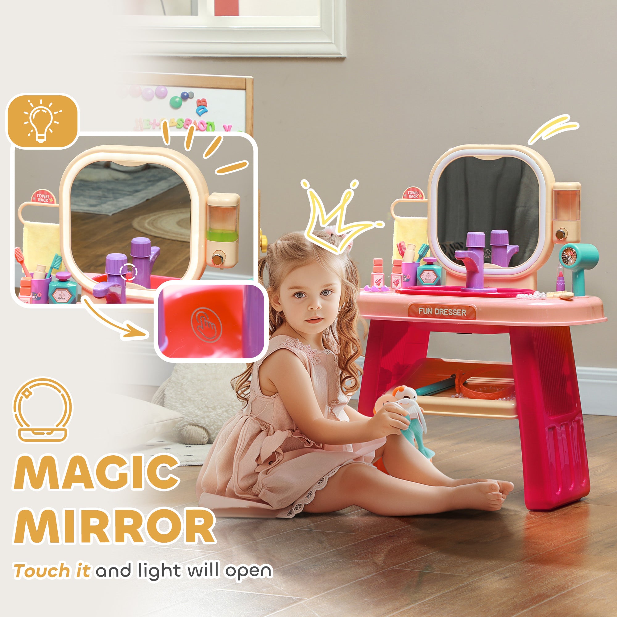 Kids Dressing Table with Mirror, LED Light, 23 Accessories, Pink