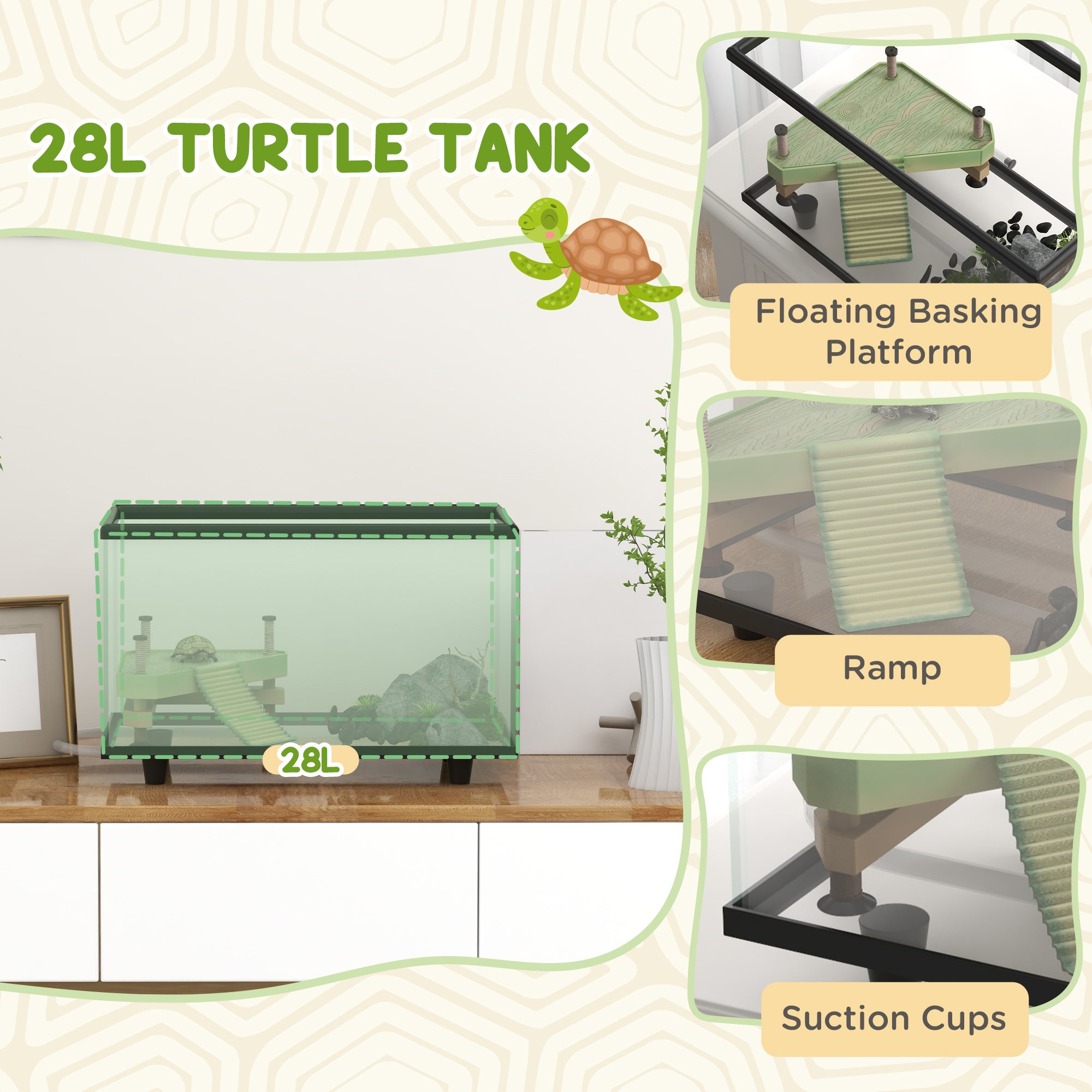 28L Glass Turtle Tank Aquarium with Basking Platform, Easy Drainage, Strip Patch Thermometer