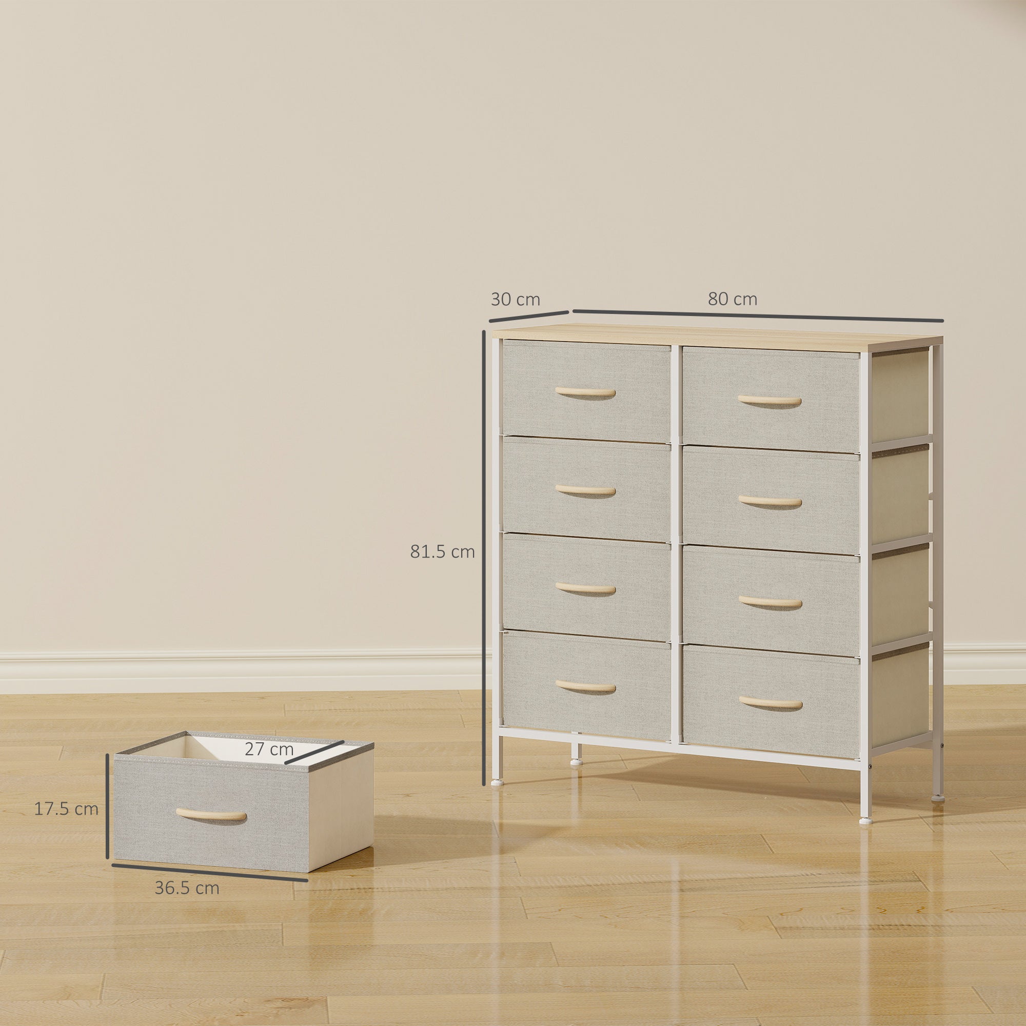 Fabric Chest of Drawers, Industrial Bedroom Dresser with 8 Fabric Drawers, Steel Frame and Wooden Top for Nursery, Living Room, Hallway, Maple Wood-effect