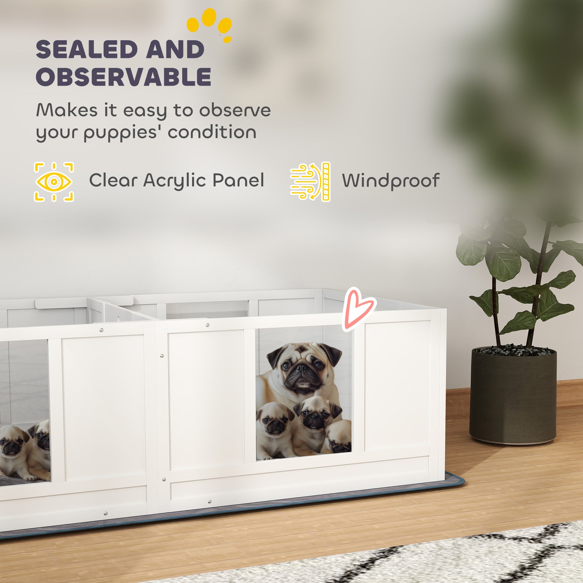 Two Room Design Whelping Box for Dogs with Whelping Pad, Clear Panels, Adjustable Entrance, for Small Dogs, 164 x 80cm