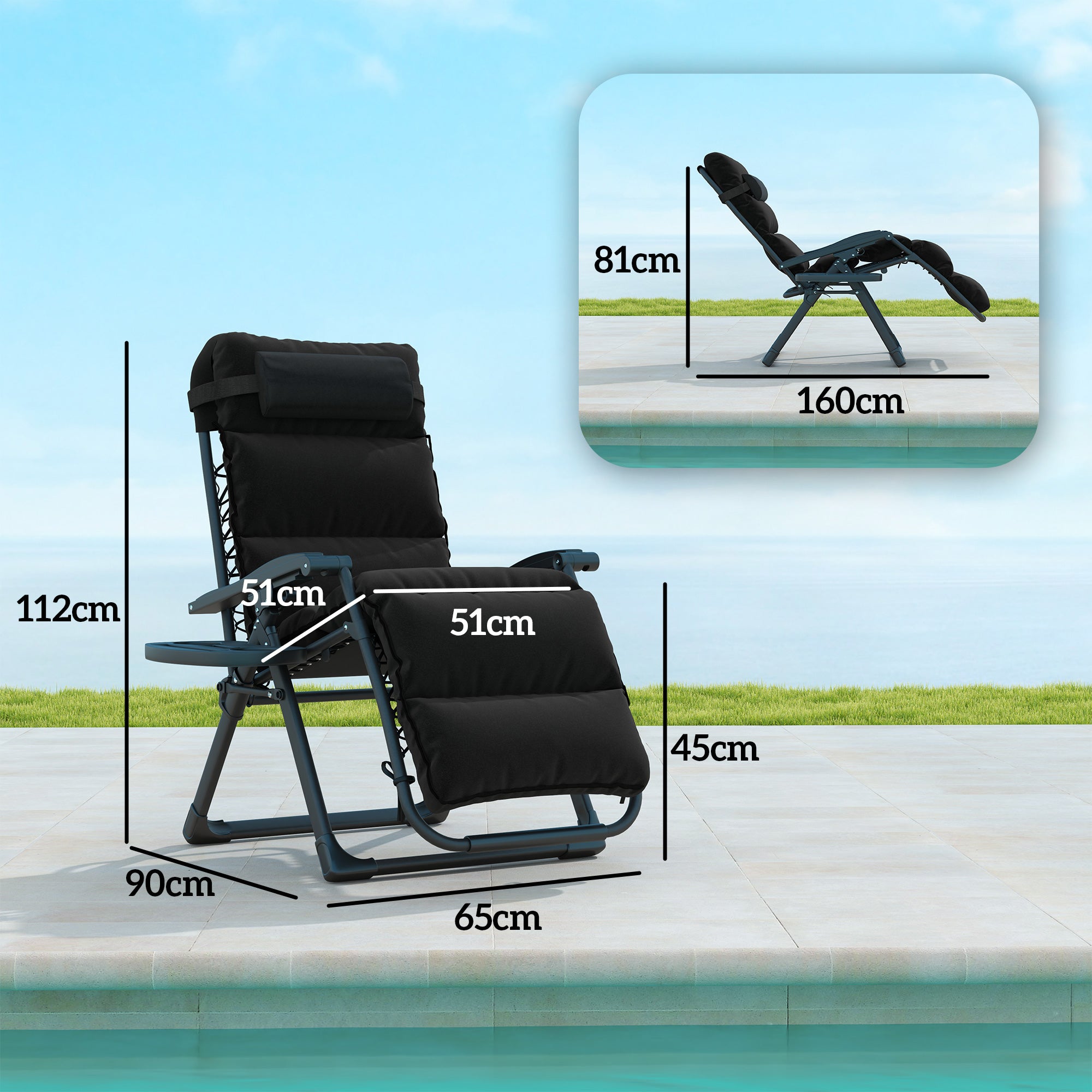 Set of Two Reclining Sun Loungers, with Cushion - Black