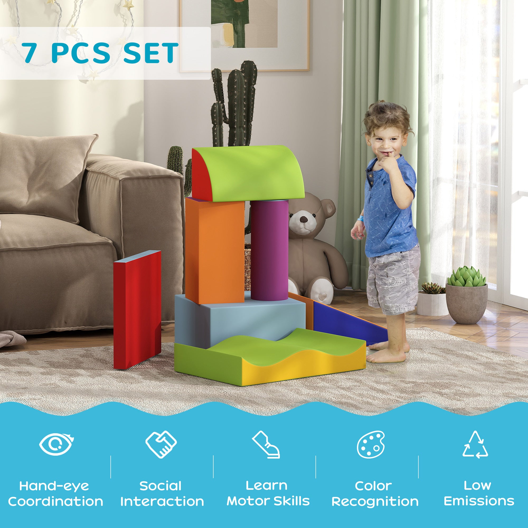 7 Piece Soft Soft Play Set for Toddlers 1-3 Years, Blue