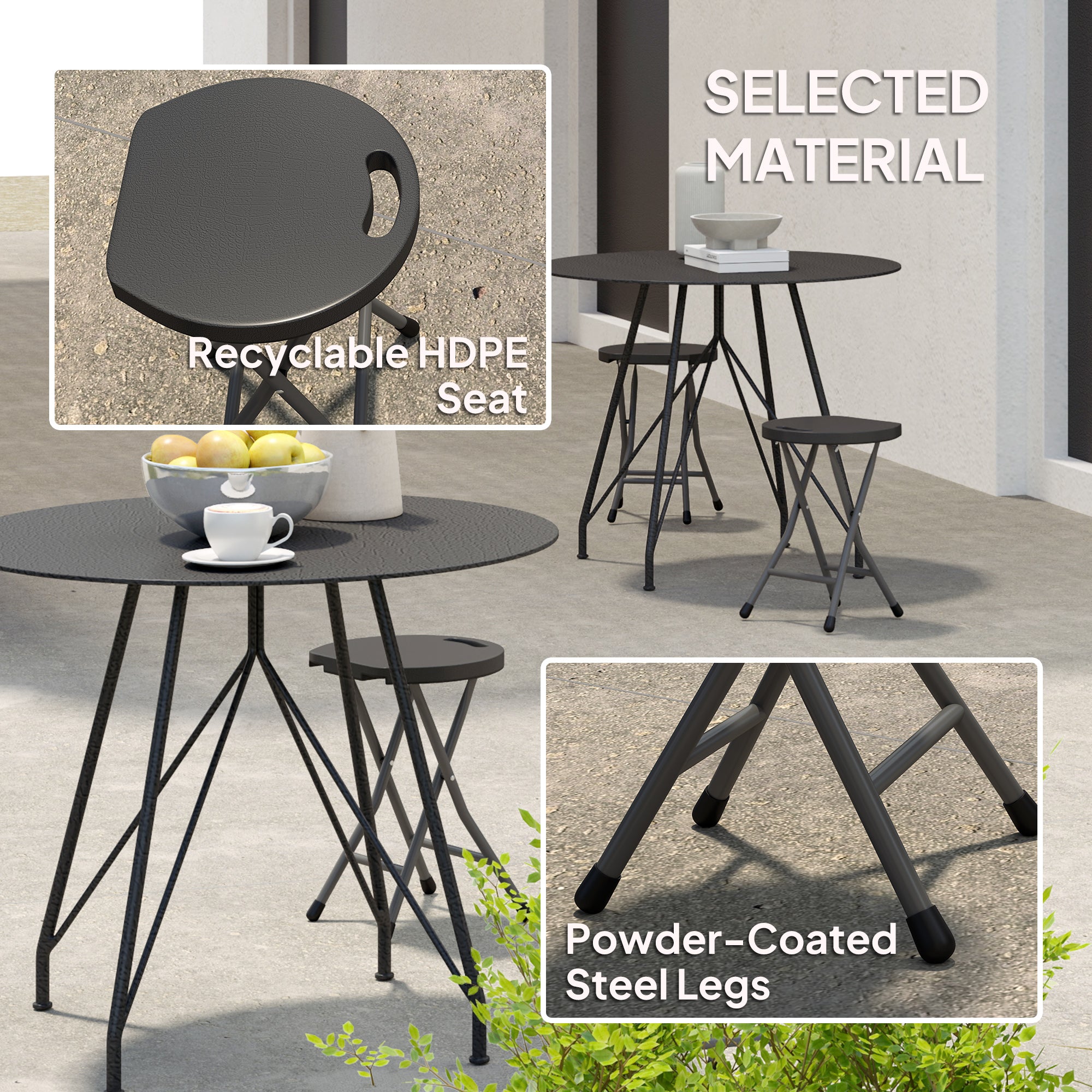 Set of 4 Folding Carry Stools with Powder-Coated Steel Legs - Charcoal Grey
