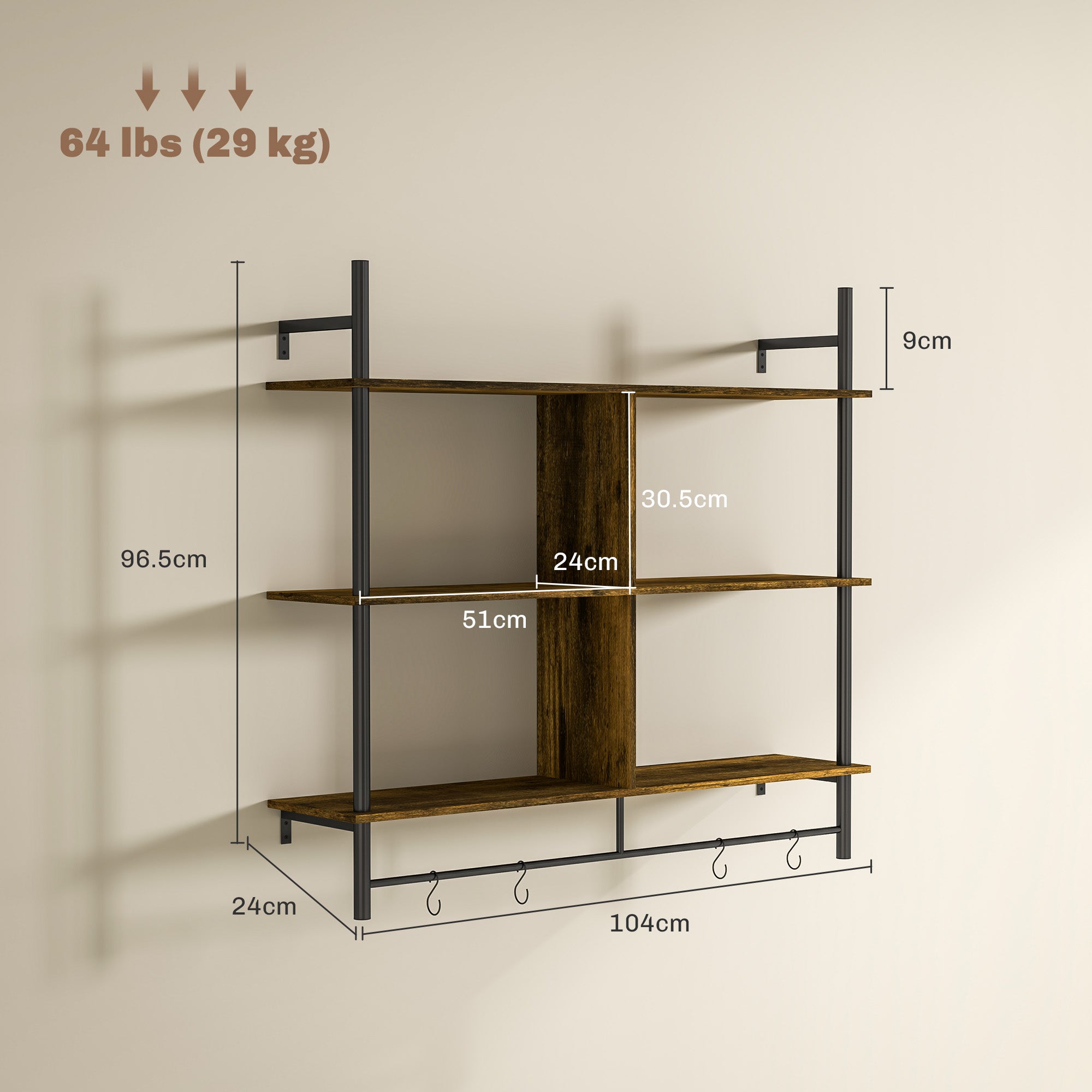 Three-Tier Floating Wall Shelf with Hooks - Brown/Black