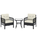 3 Pieces Rattan Bistro Set with Glass Top Coffee Table, Chairs and Cushions for Outdoor, Patio, Balcony, Cream