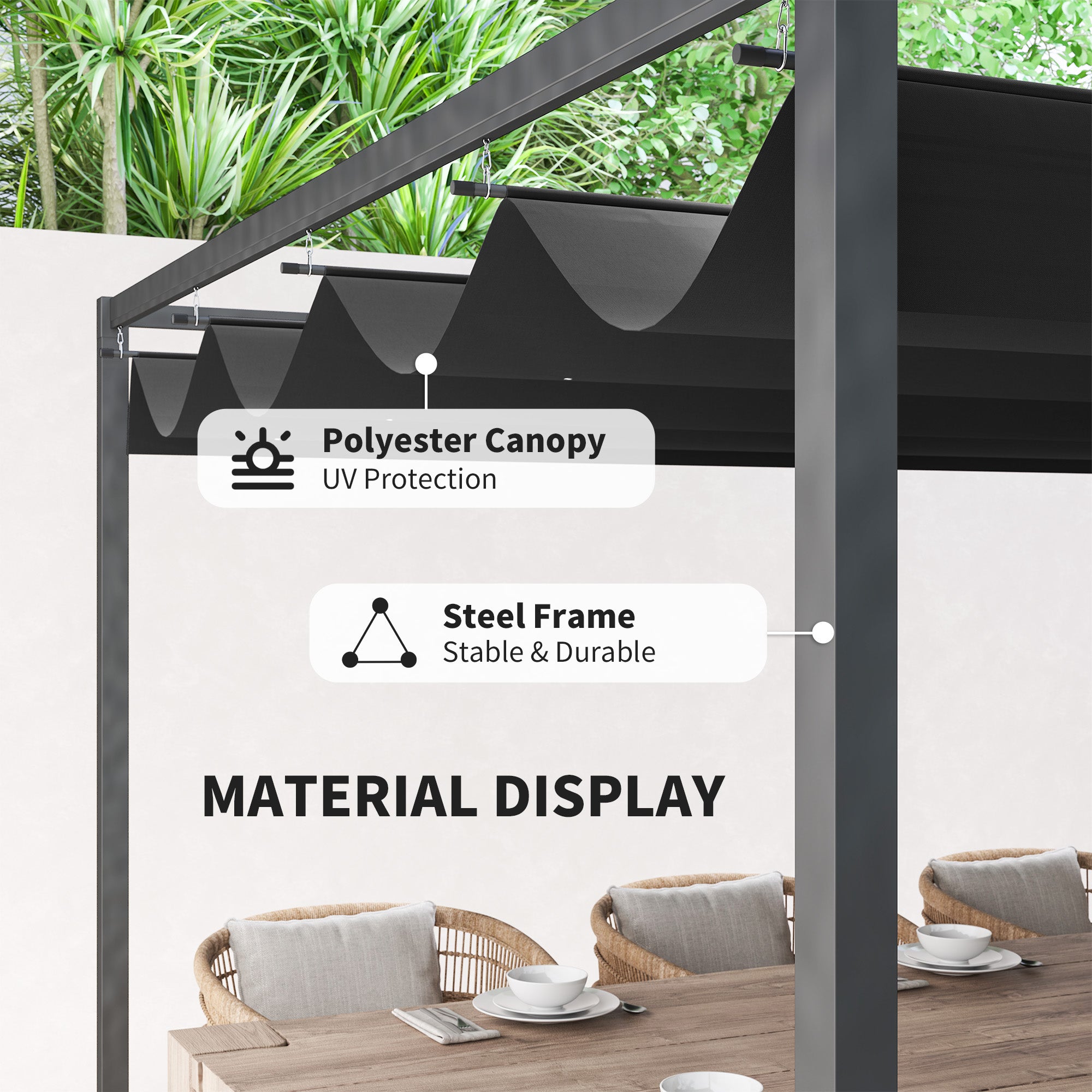 4 x 3m Metal Pergola, with Retractable Canopy Roof - Black