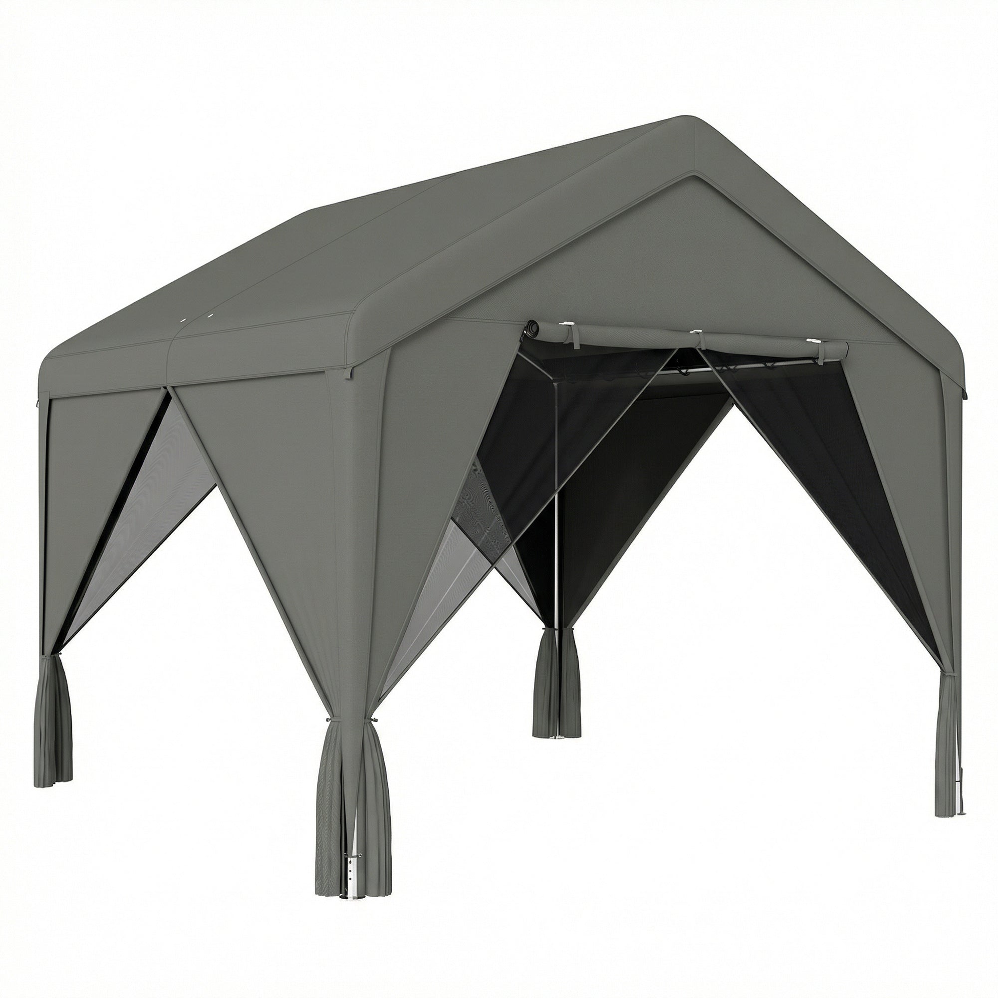3 x 3 m Patio Gazebo with Netting & Curtains, Outdoor Canopy Shelter with Galvanised Steel Frame, Dark Grey
