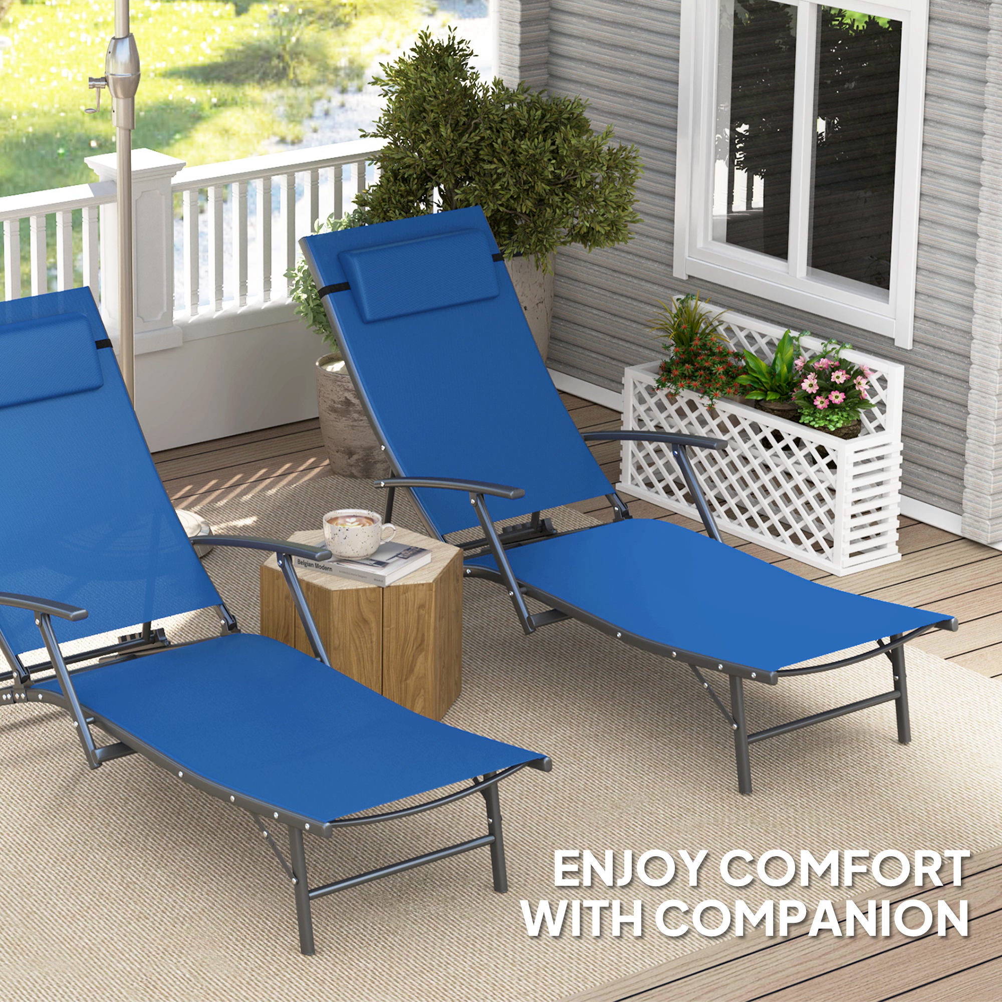 Set of 2 Adjustable Back Sun Loungers with Quick-Dry Mesh - Blue