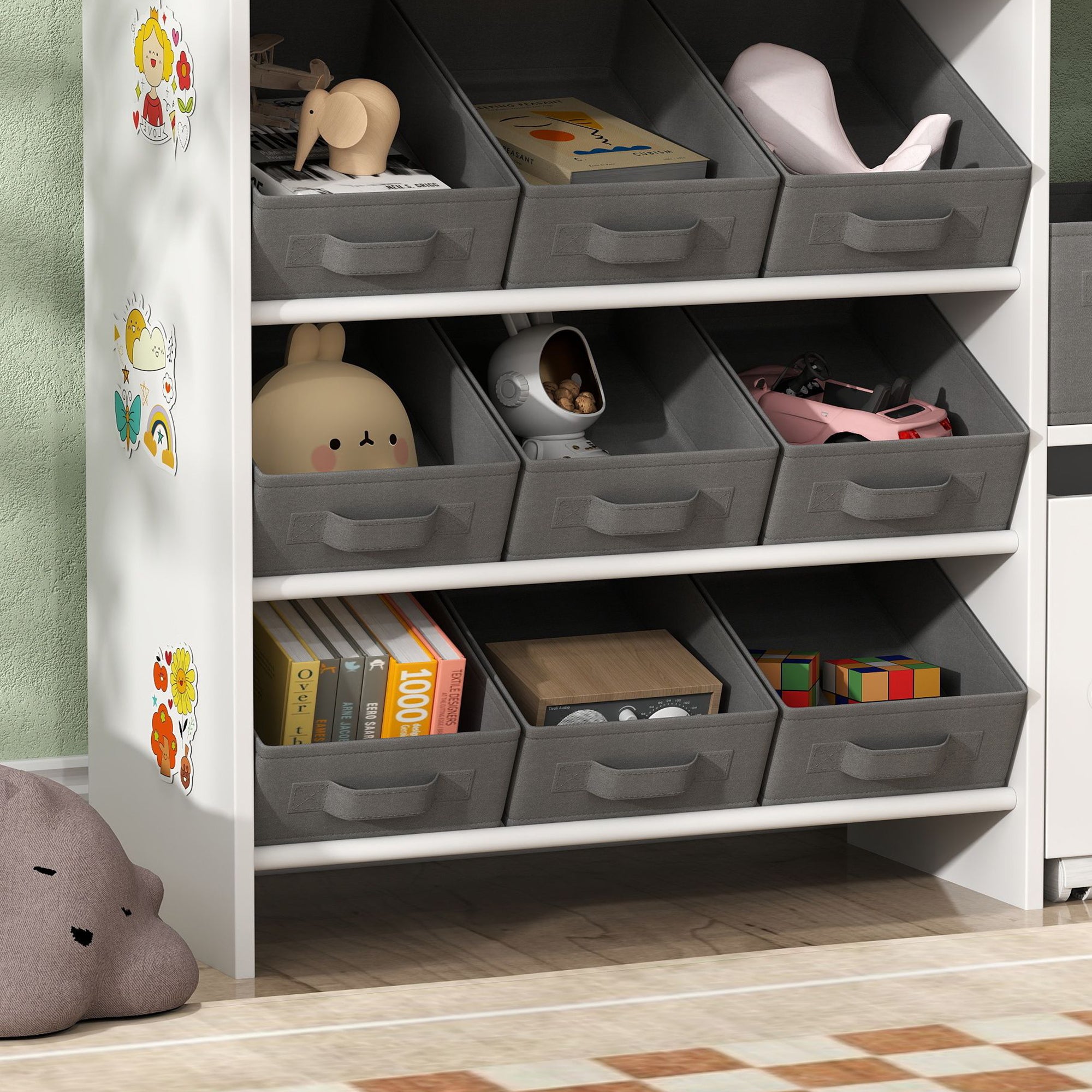 Kids Toy Storage Unit with 11 Fabric Bins and Shelves - White