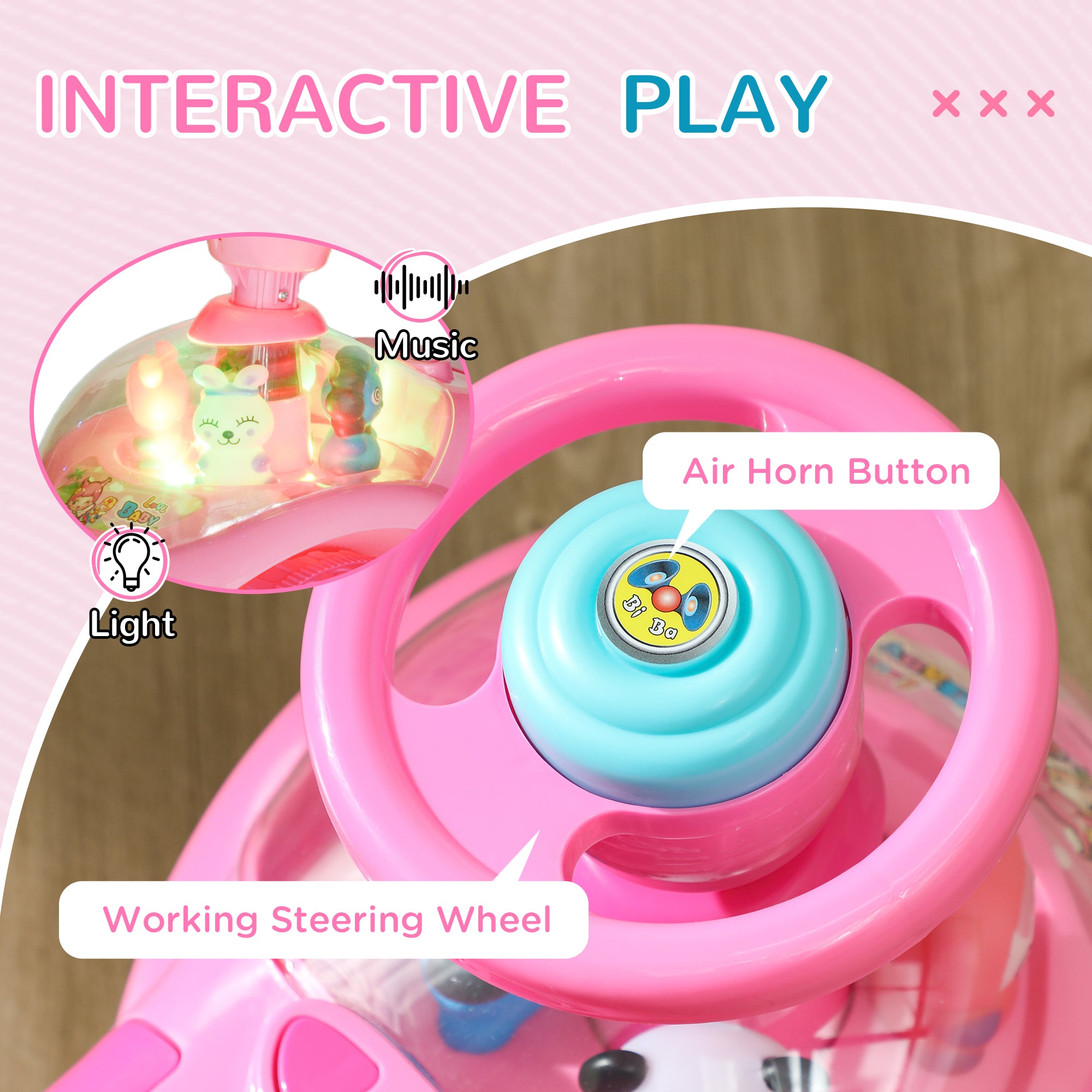 Foot to Floor oddler Ride on Toy w/ Music, Light, Horn, Under Seat Storage, Anti-Over-Backwards Device, Pink