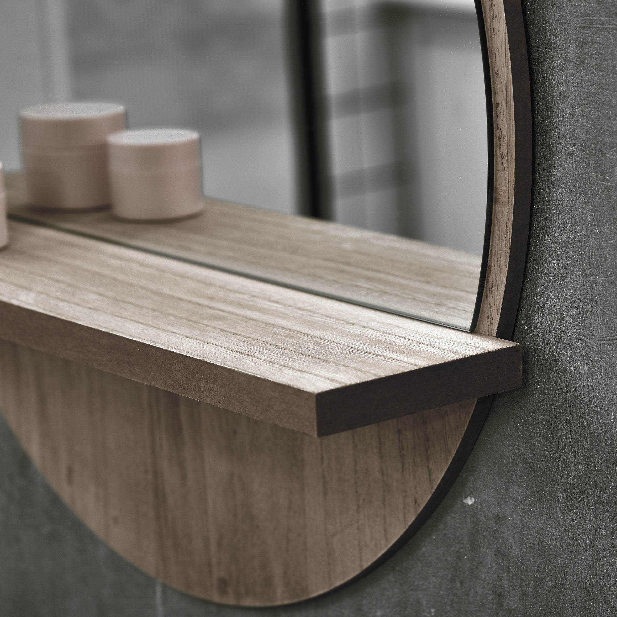 45cm Round Home Mirror, with Shelf - Grey Wood-Effect