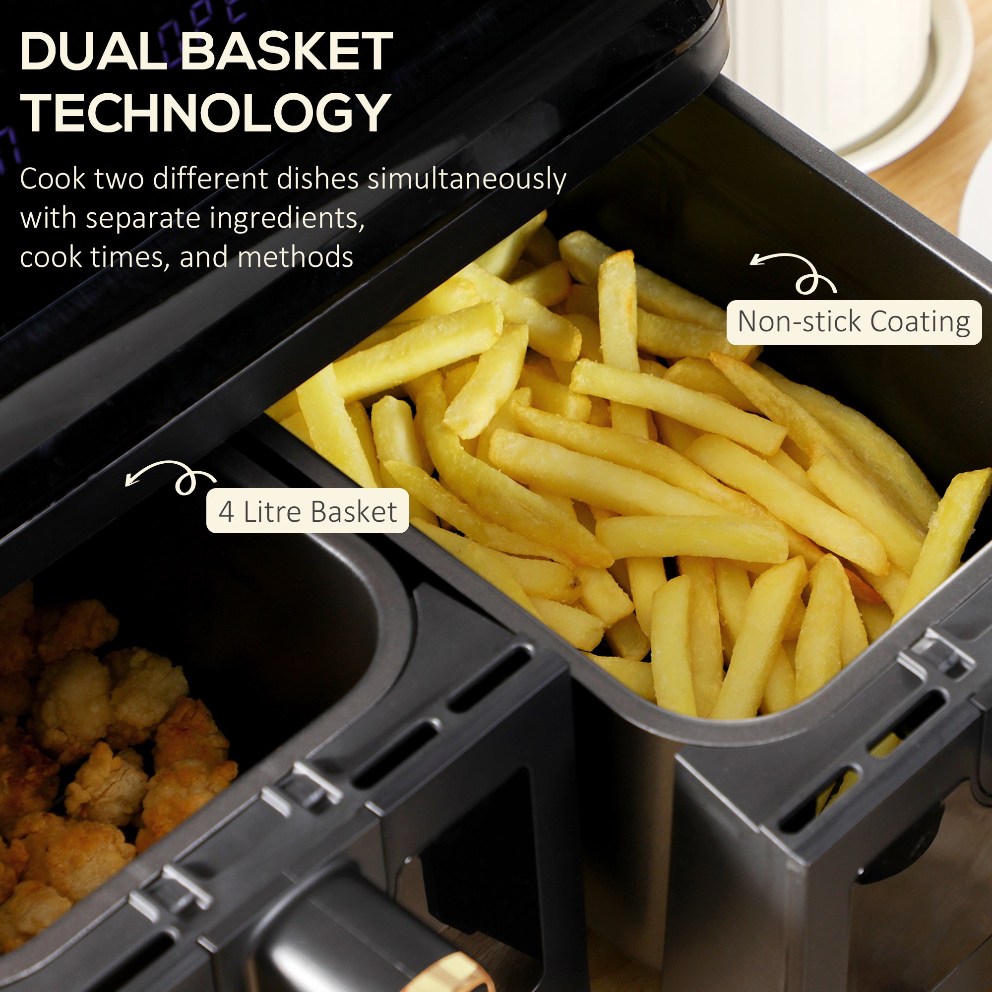 8L 200°C Double Air Fryer, with 8 Preset Menus and Digital Display - Gold Tone/Black