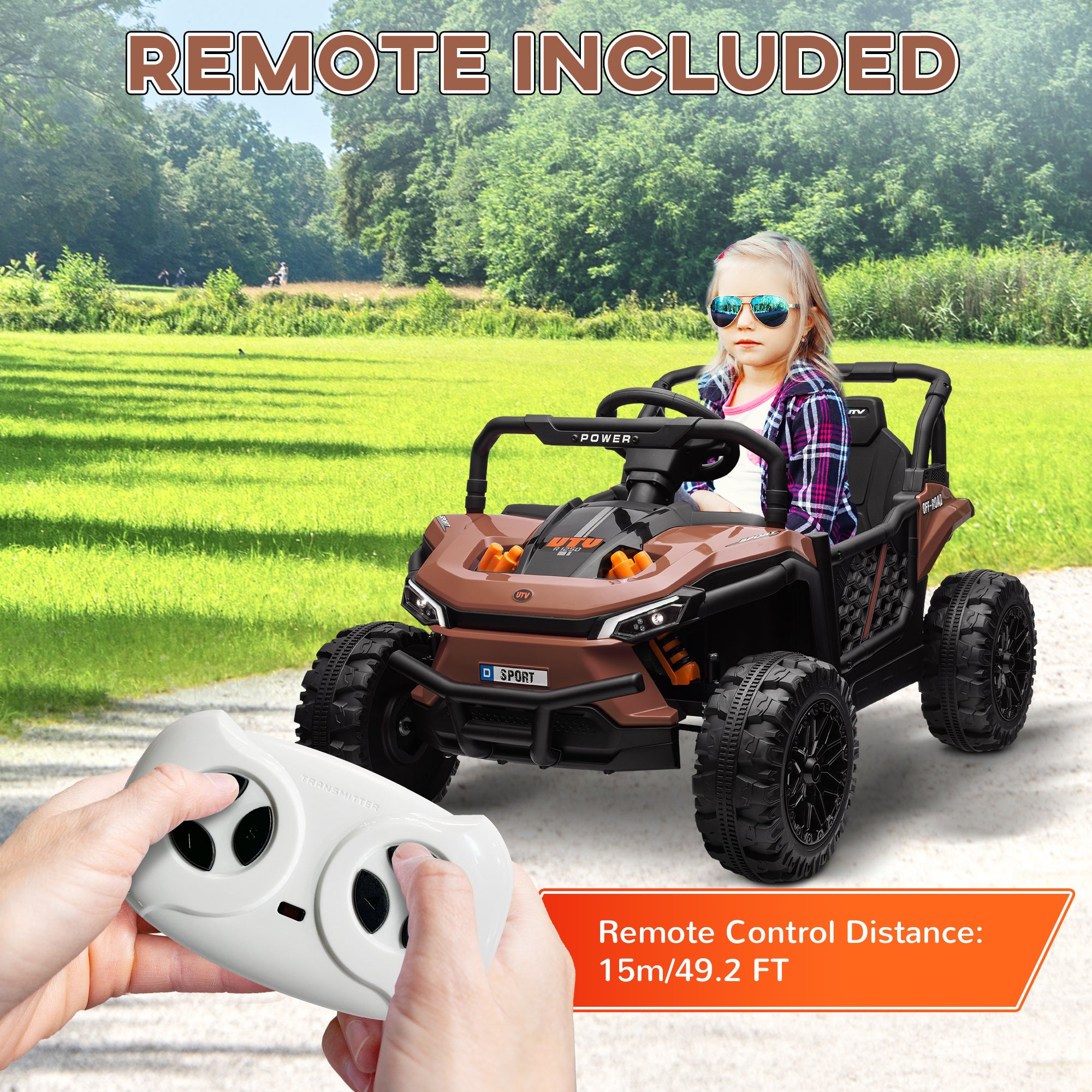 12V Battery Powered Ride on Truck w/ Remote, 4 Suspension Wheels, Horn Lights Music USB, for 3-5 Years Old - Brown